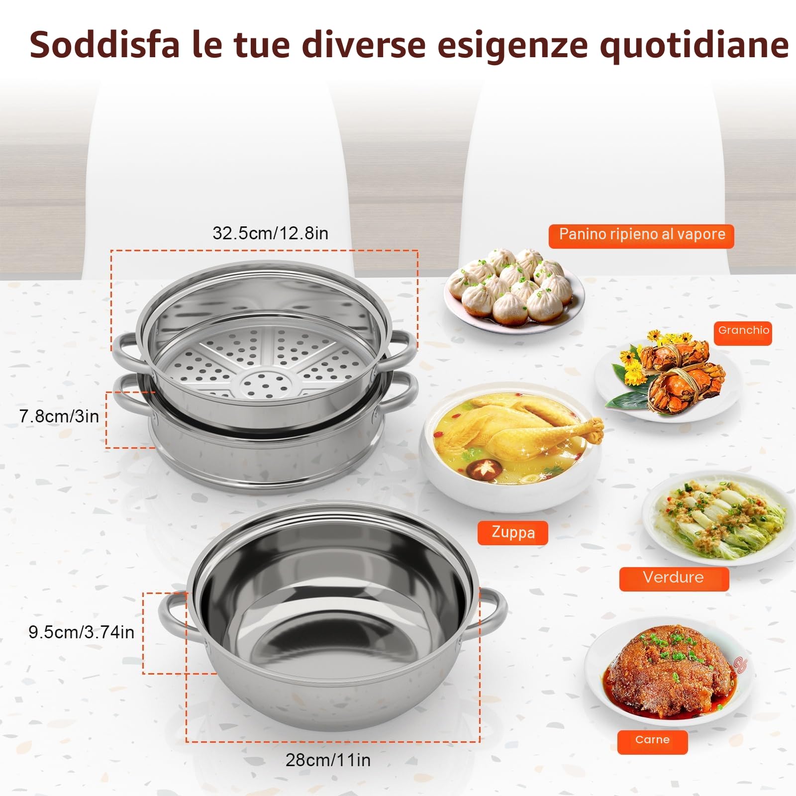Pentola a vapore in acciaio inox, 28 cm, con coperchio in vetro, 3 ripiani, pentola per zuppe, per friggere verdure e verdure