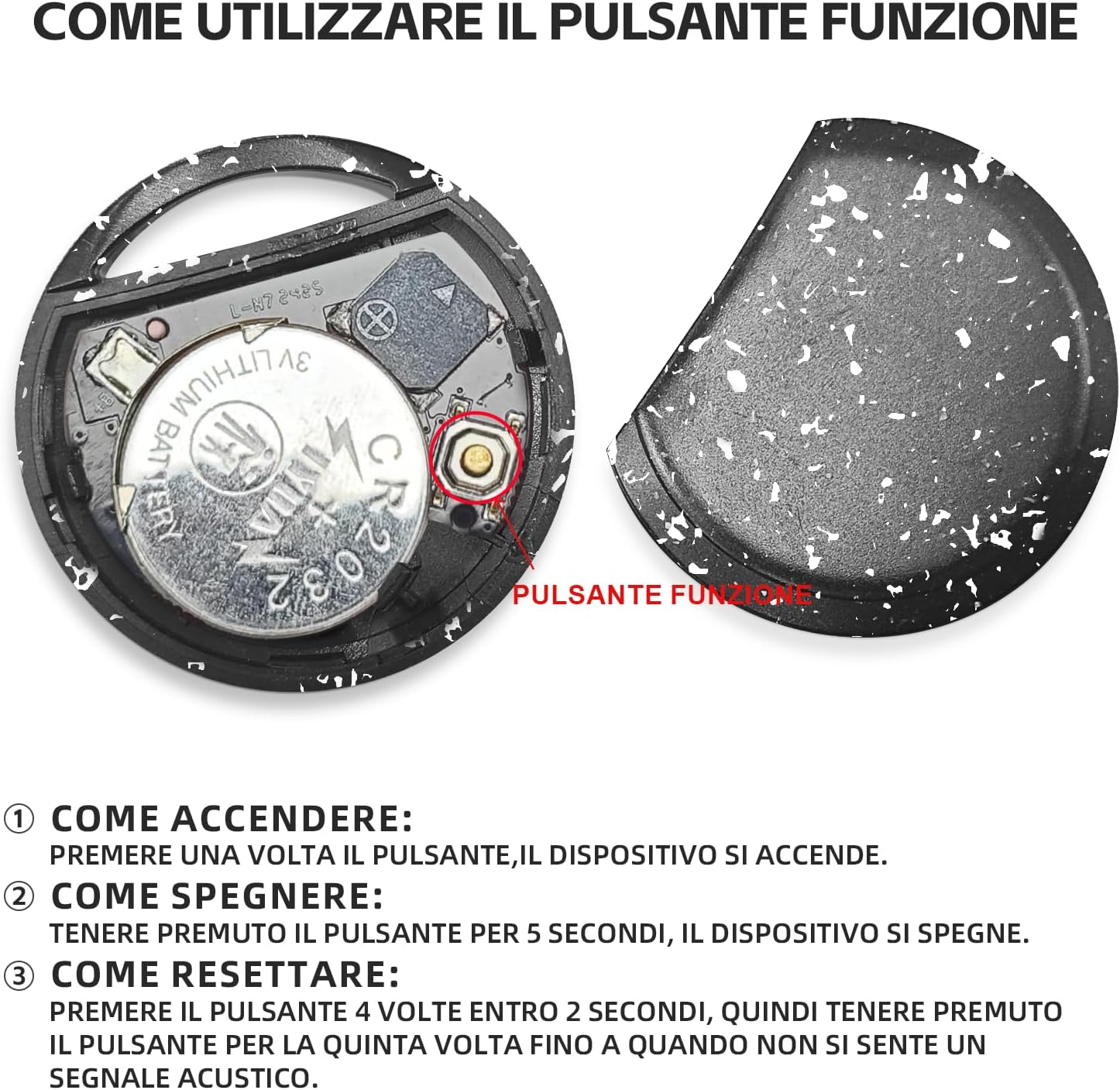 ภาพระยะใกล้ view of the RSH Android Smart Tag's interior, showing the CR2032 battery and the highlighted function button.