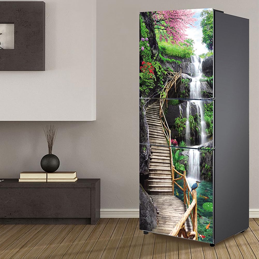 Myxjx Landscape Fridge Wrap, Full Covering Door Fridge Covers Skins Wall Stickers For Kitchen Decal, Waterfall Climbing Step