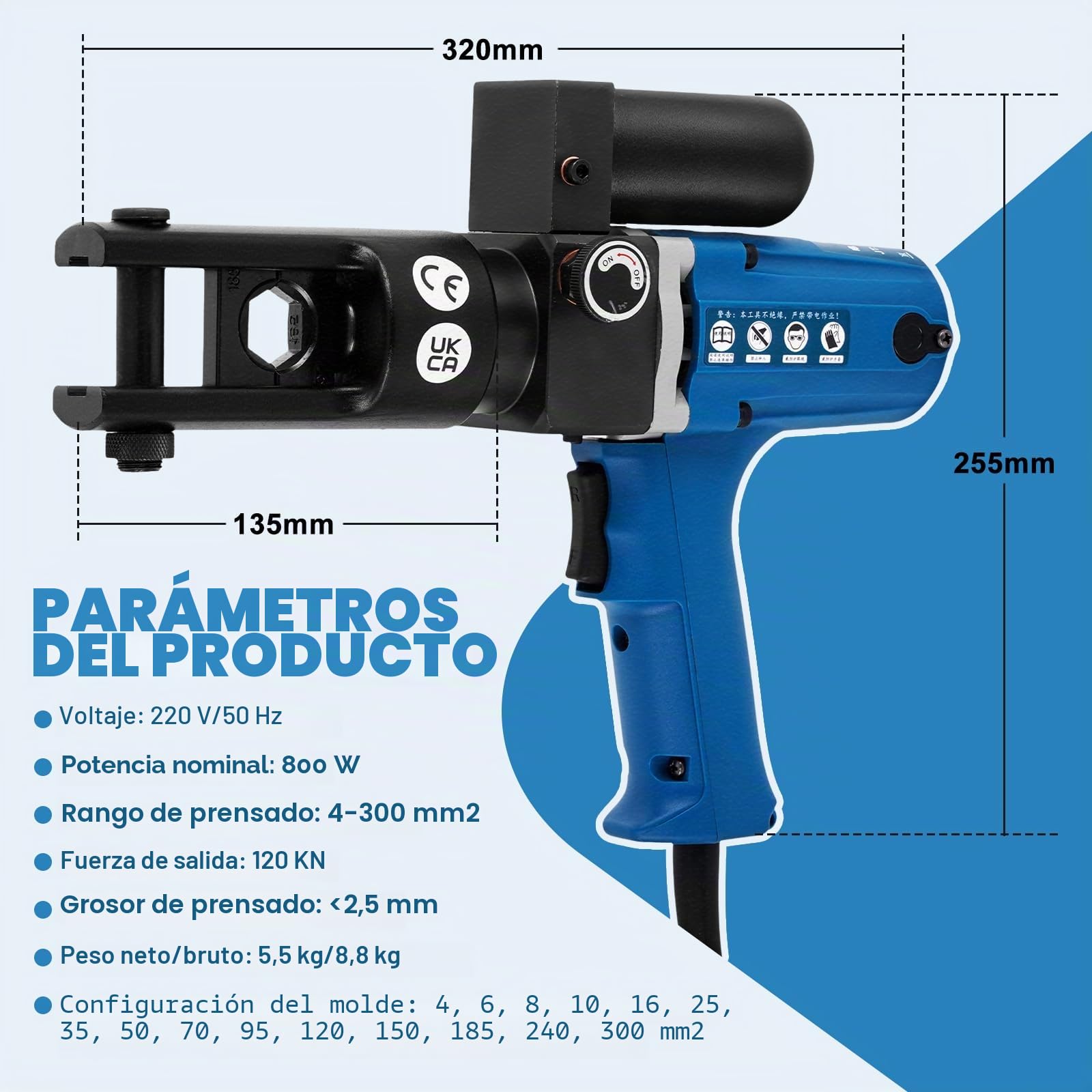 MXBAOHENG 4-300mm² Crimpadora hidráulica eléctrica 120 KN Alicates de prensado hidráulicos Crimpadora de alambre hidráulico eléctrico con 15 insertos de presión para terminales de cobre y aluminio