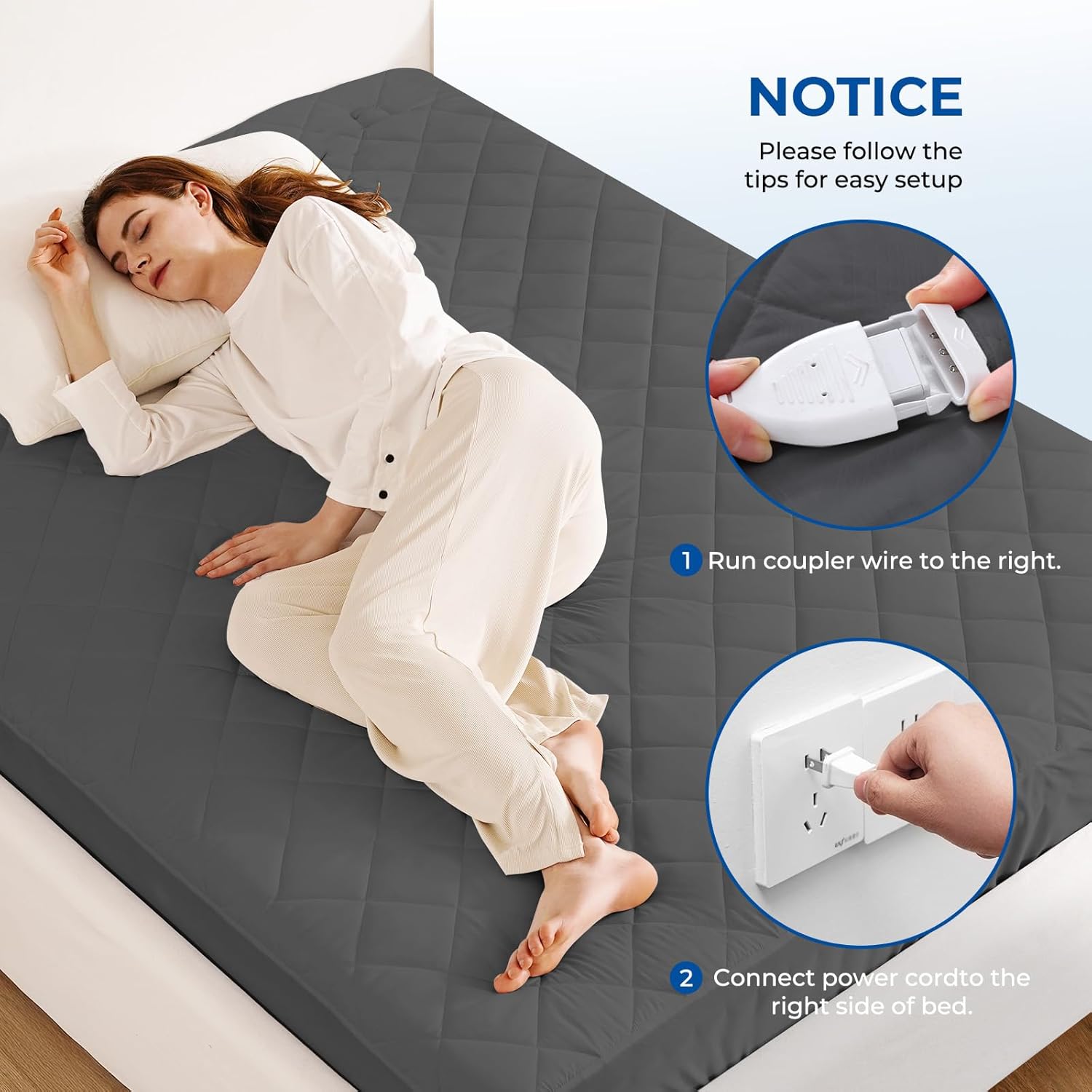 Heated Mattress Pad Cal King Quilted Zone Heating Electric Bed Warmer Comfort Heat Mattress Pad Cover Dual Controller（10 Heat Setting | 1-12 Hours Auto Shut Off | with 8-21 Inch Deep Pocket） Gray - Image 7