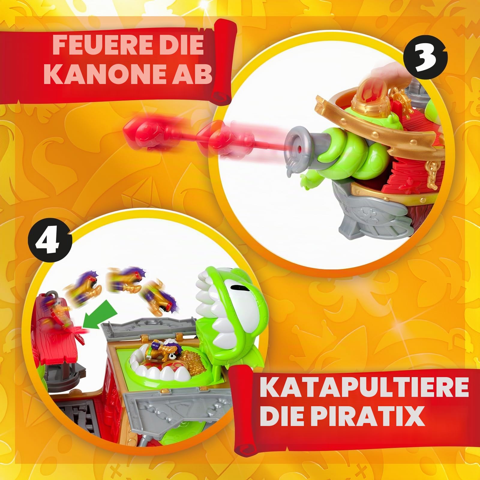 Piratix Kraken Ship – Kraken-Schiff aus Piratix. Enthält 1 Kraken-Schiff, 2 Piratix und exklusives Zubehör, 1 Kanonenprojektil, 1 exklusiver Schatz, 6 goldene Schätze, 1 exklusive Flagge, 1 Schwert, 1