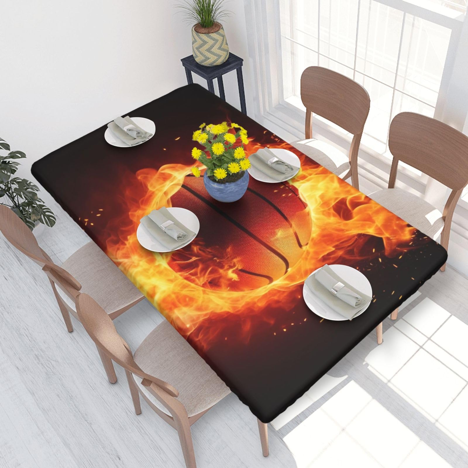 DCARSETCV Basketball on Fire Flame Splashing Printed 4FT Waterproof Tablecloth with Elastic Edged Protect & Decor Your Table, Oil-proof Washable Table Cloth Cover for Dinner Picnic Party