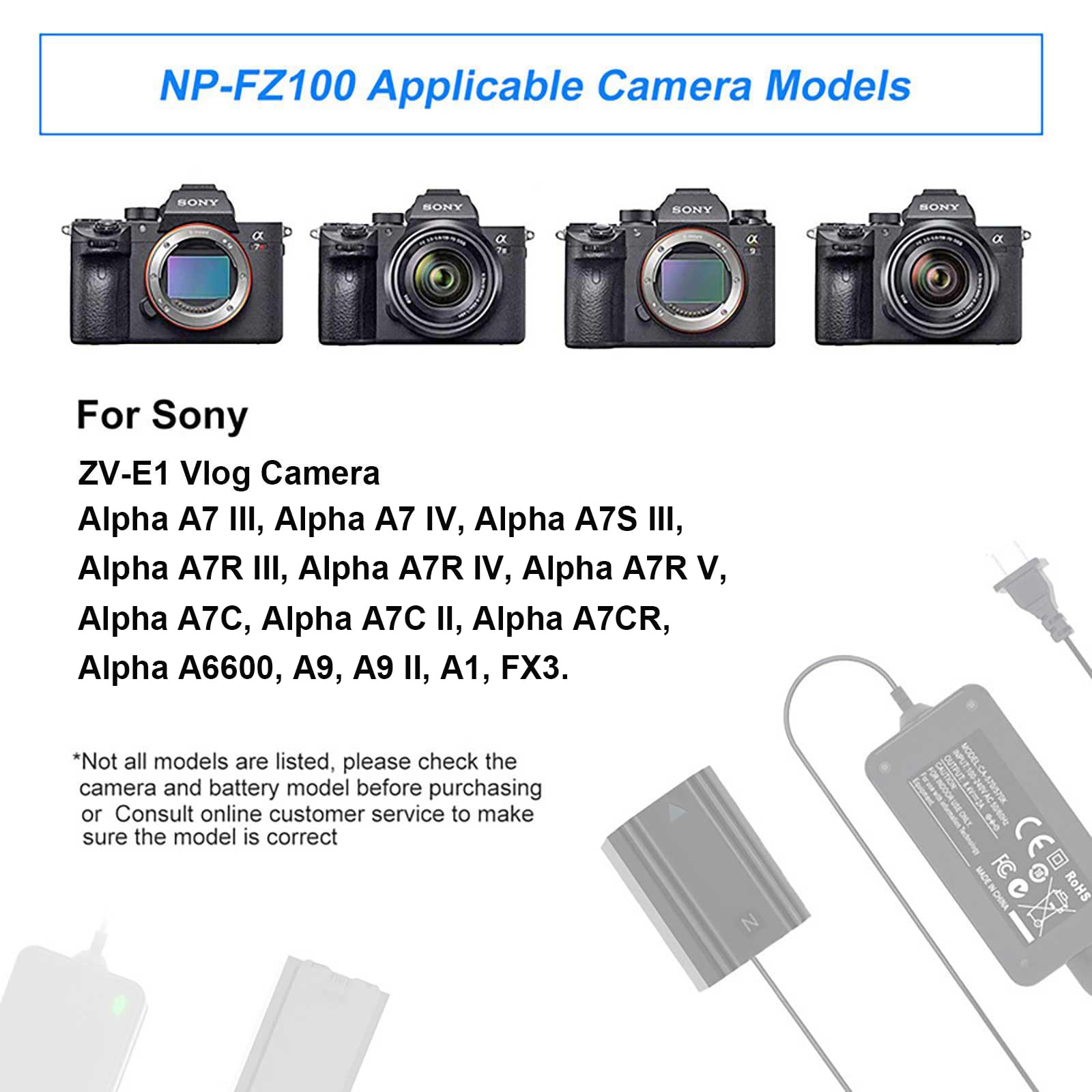 AC-FZ100 Netzteil NP-FZ100 Dummy Akku DC Coupler für Sony Alpha A7 III, A7C, A7C II, A7CR, A7R III, A7S III, A7 IV, A7R IV, A7R V, A6600, A9, A9 II, FX3, A1, ZV-E1 Cameras.