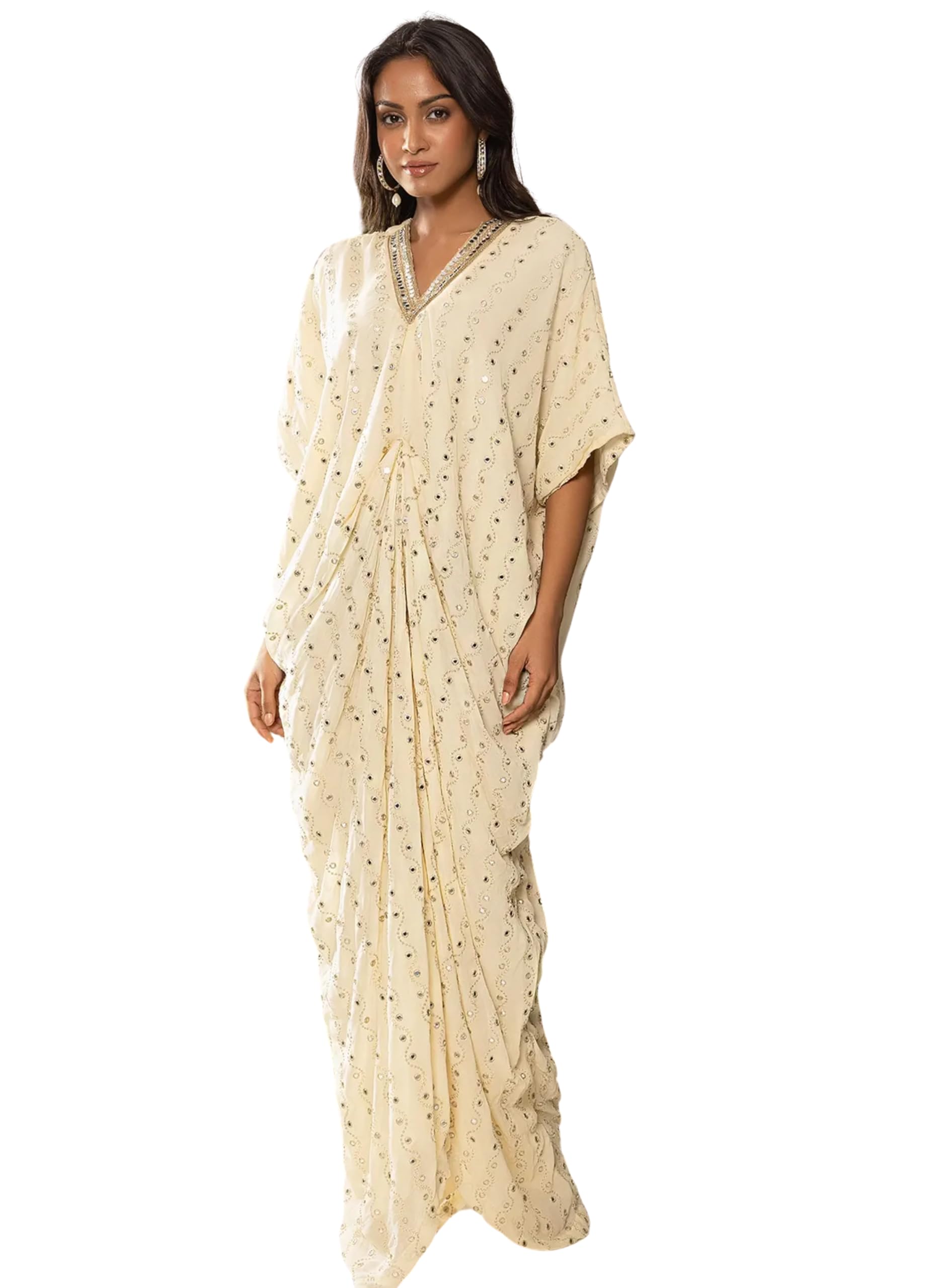 Astoria Ivory Mirror Work Drape Kaftan for Women, Georgette, V-Neck, Size L, 53 Inch Length, Ceremony-image-36