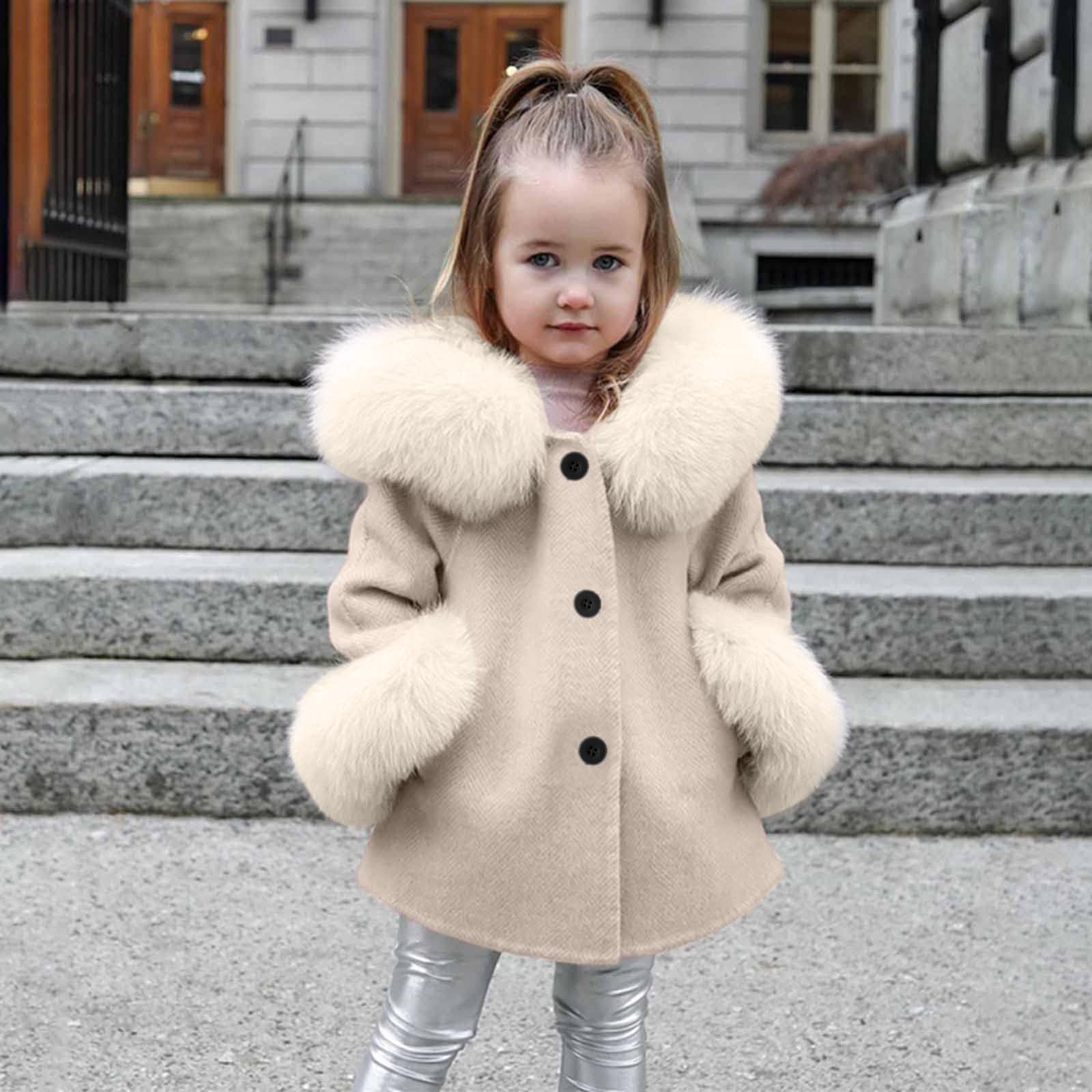 Veste d'hiver pour Fille en Tissu de Coton Lavé Renforcé,Manteau d'hiver pour Fille à Manches Longues avec Capuche et Garniture en Fausse Fourrure,Veste d'hiver pour Fille avec Poches