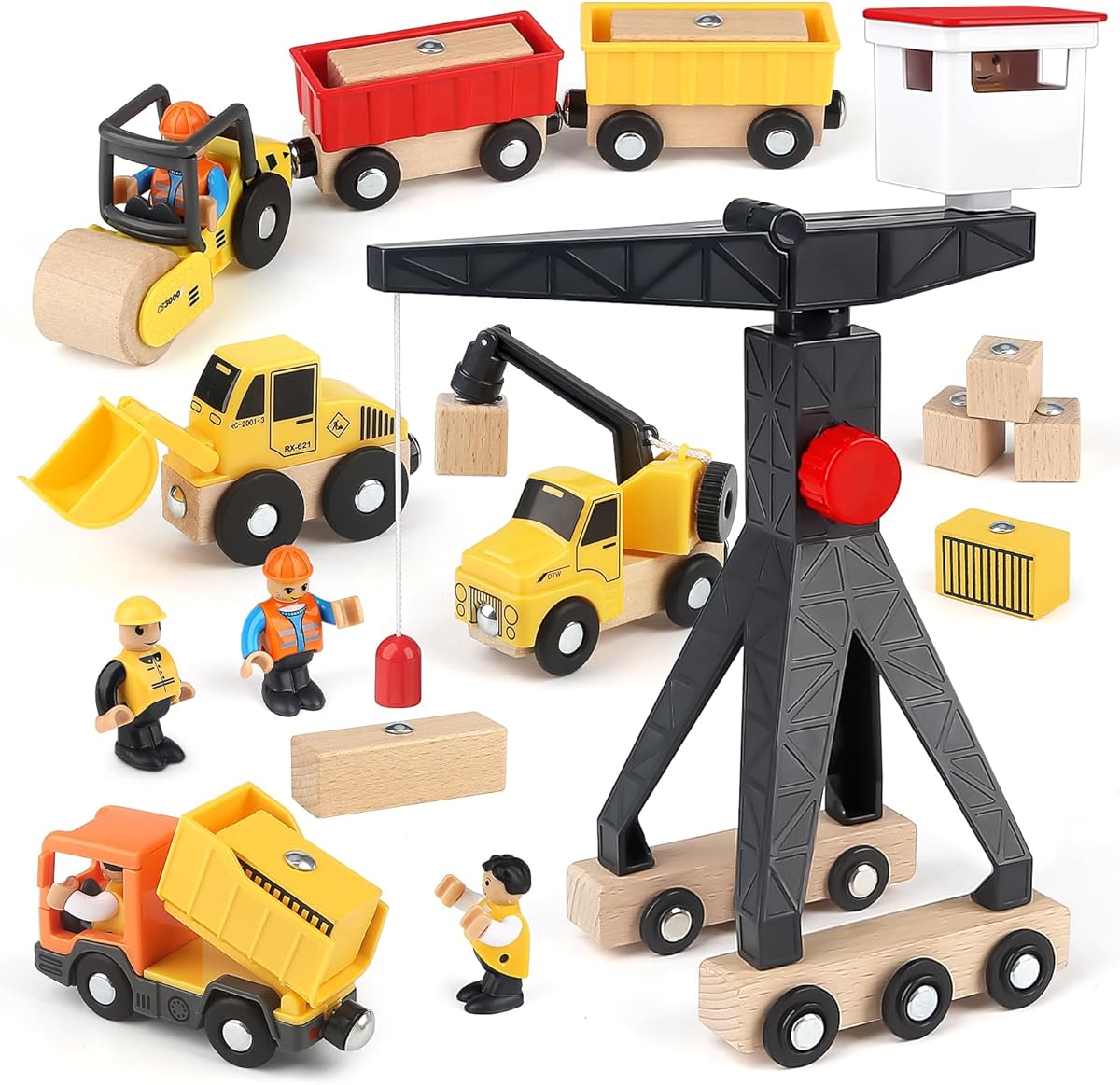 Vanplay Construction Toys for 3 4 5 6 Year Olds, Wooden Construction Vehicle Toys Set with Tower Crane Digger Dump Truck Road Roller, Boys Gift for Kids Toddler