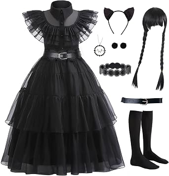 Black Dress for Kids Girls, Addams Family Cosplay Outfit Gothic Costumes for Halloween, Family Party, Birthday
