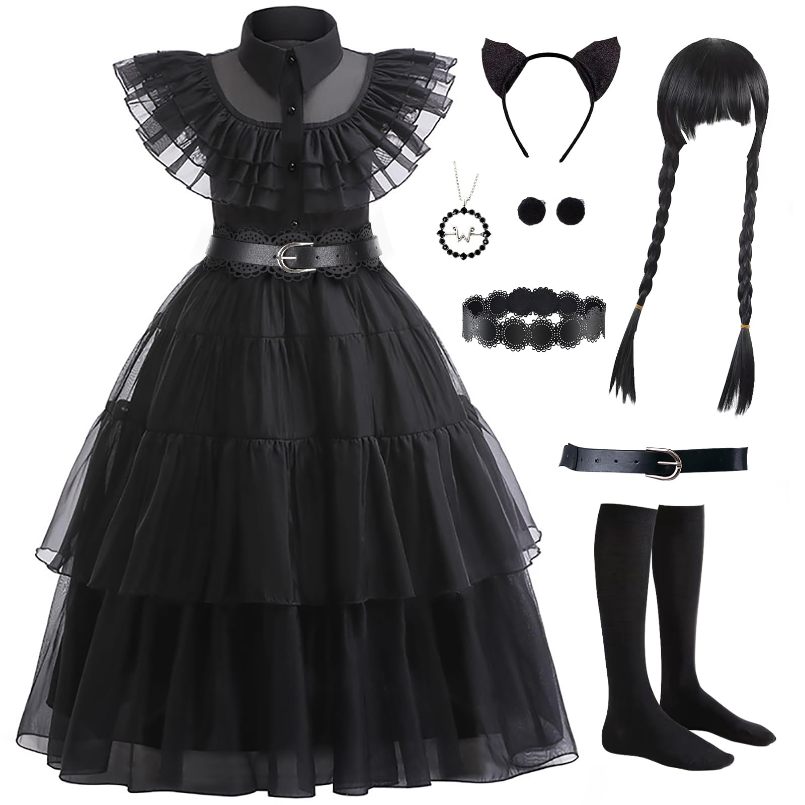 Black Dress for Kids Girls, Addams Family Cosplay Outfit Gothic Costumes for Halloween, Family Party, Birthday