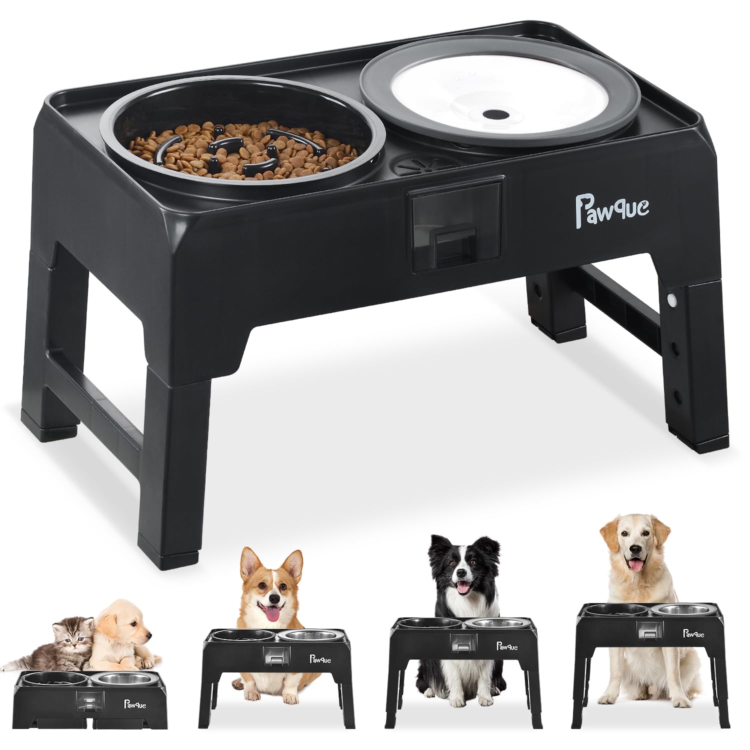 Elevated Slow Feeder Dog Bowls - Stainless Steel, Non-Slip, Adjustable Height for Large, Medium & Small Dogs, 4.72", 10.2", 11.8", 13.3", Black