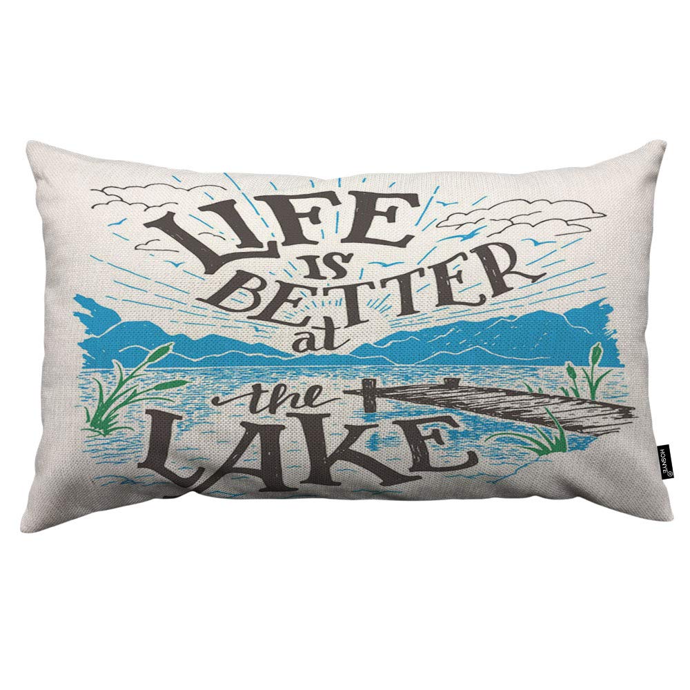 HOSNYE Life is Better at The Lake Throw Pillow Cover Freedom Vacation Travel Linen Fabric for Couch Bed Sofa Car Waist Cushion Cover 12 x 20 inch