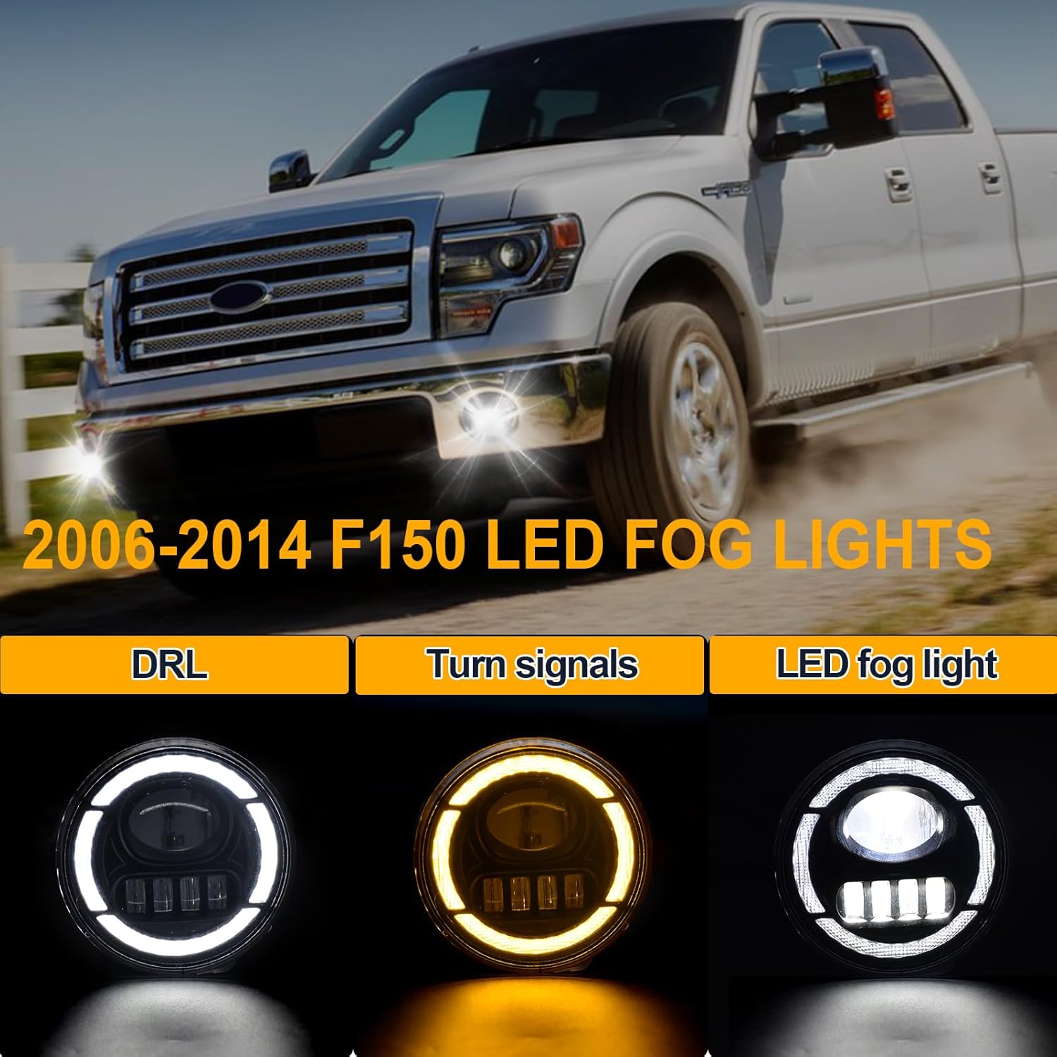 LED Fog Lights with DRL & Turn Signals for 2006-2014 Ford F-150, Pickup Front Driving Fog Lamps Assembly Replacement Kit, DOT Approved, 1 Pair