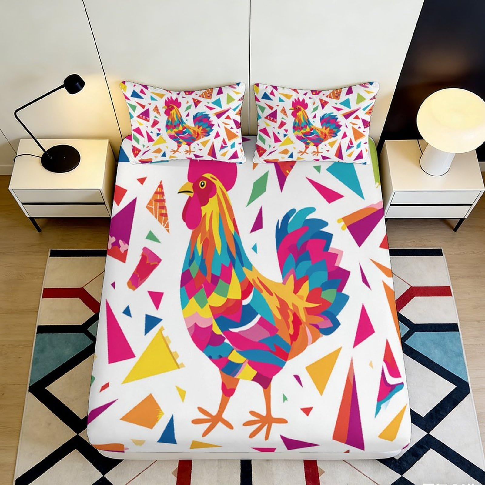 3D Printed Colorful Rooster Fitted Sheet Microfiber Soft Slip-Resistant Farm Chicken Mattress Cover for Bedroom Guest Room Decor 120x200x25cm