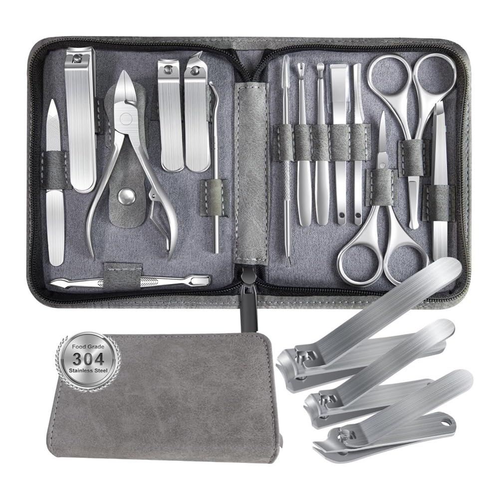 Kit de manicura y pedicura 15 en 1 de acero inoxidable con estuche de viaje, herramientas para el cuidado de las uñas de los pies, cortaúñas para los dedos de los pies y cortaúñas para las manos.