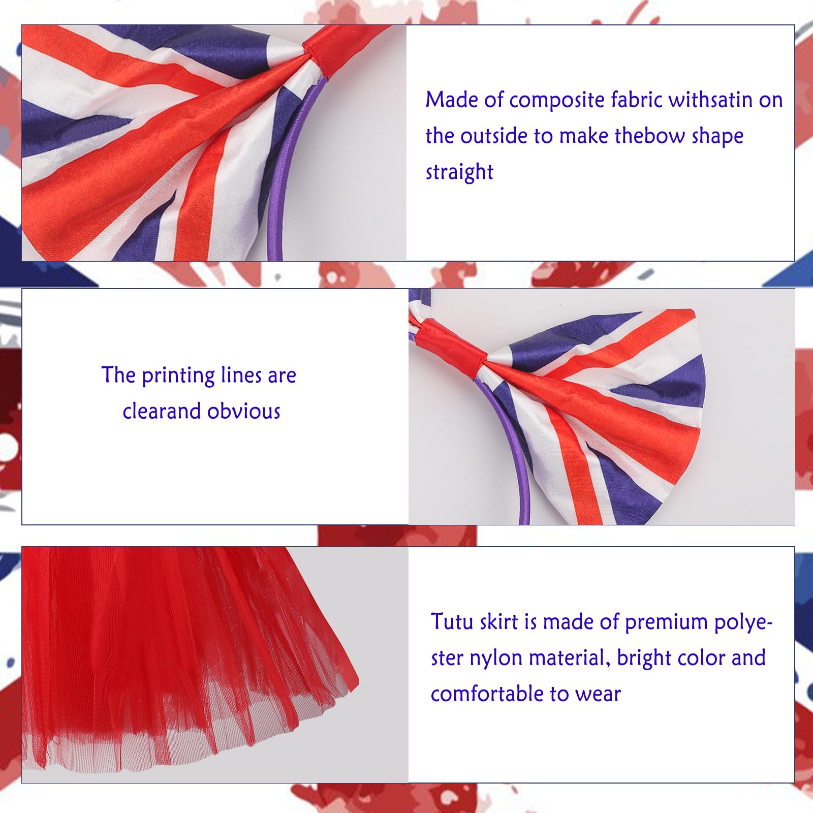 KMLGY 2Pcs Union Jack Costume Set including Union Headband Tutu Skirt for British National Day Royal Event Indoor or Outdoor Street Party (Red) - Image 3