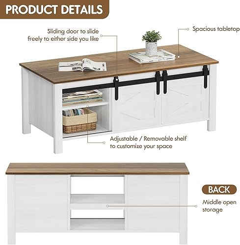 Miniatura 6 de JUMMICO Mesa de centro de granja con almacenamiento y puertas correderas de granero, moderna mesa rectangular rústica para sala de estar con