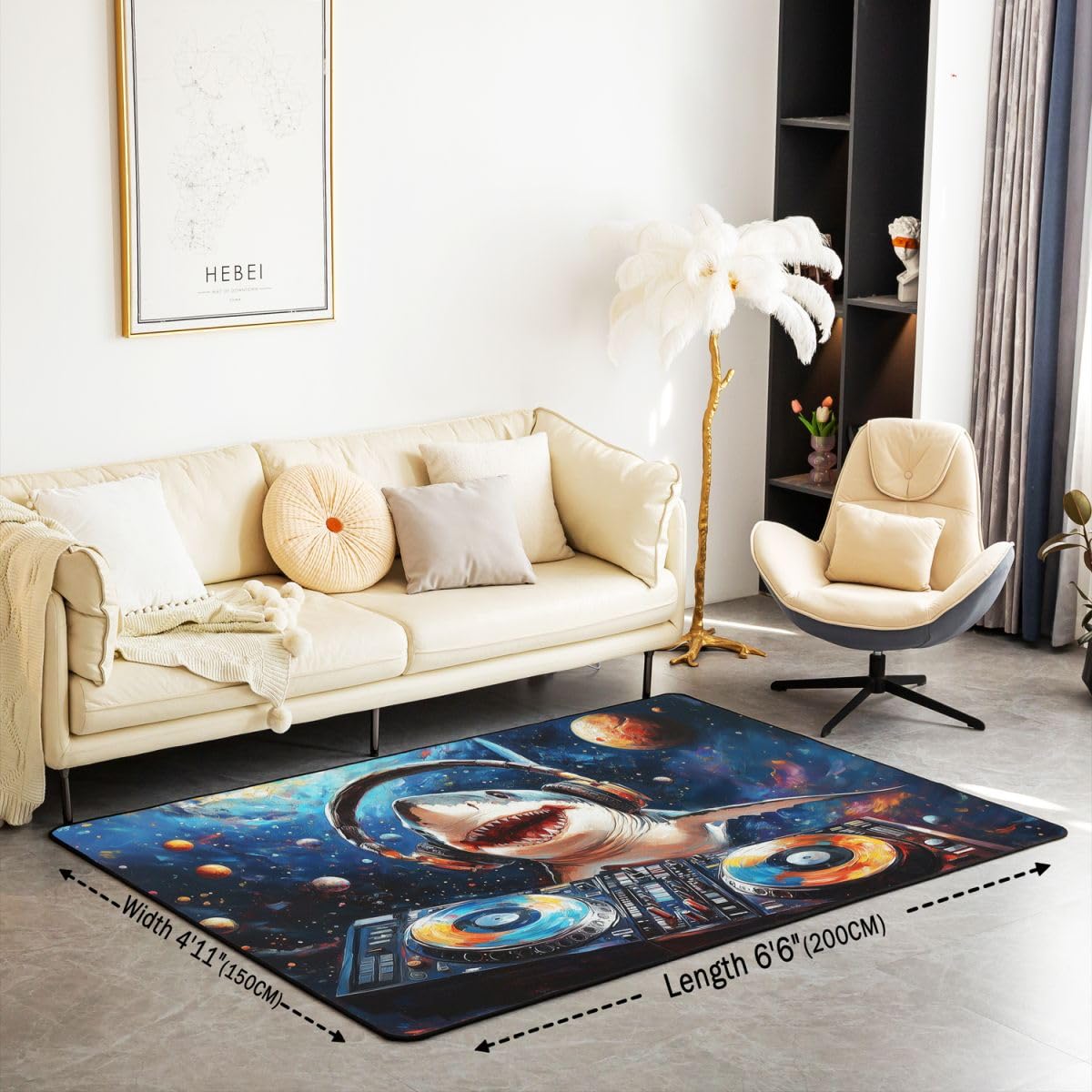 Homewish Dywaniki 3D z rekinem 100 x 150 cm do sypialni salonu - olejny kolorowy obraz nowoczesny dywan podłogowy fantazja planeta kosmos duże dywany rock DJ muzyka nie gubi włosia dywan