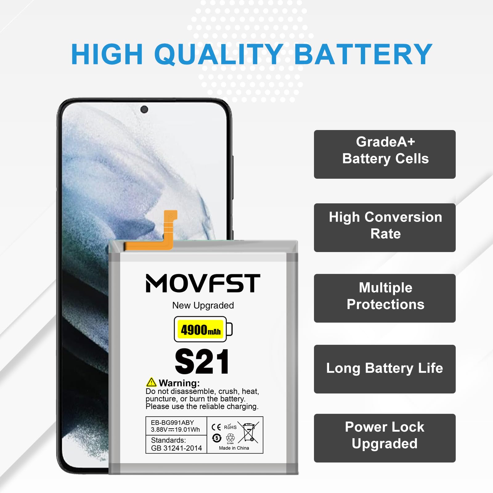MOVFST Replacement Battery for Samsung Galaxy S21,Li-ion Polymer 4900mAh High Capacity Battery Fit for Samsung Galaxy S21 Model SM-G991U SM-G991F with Repair Tool Kits,EB-BG991ABY