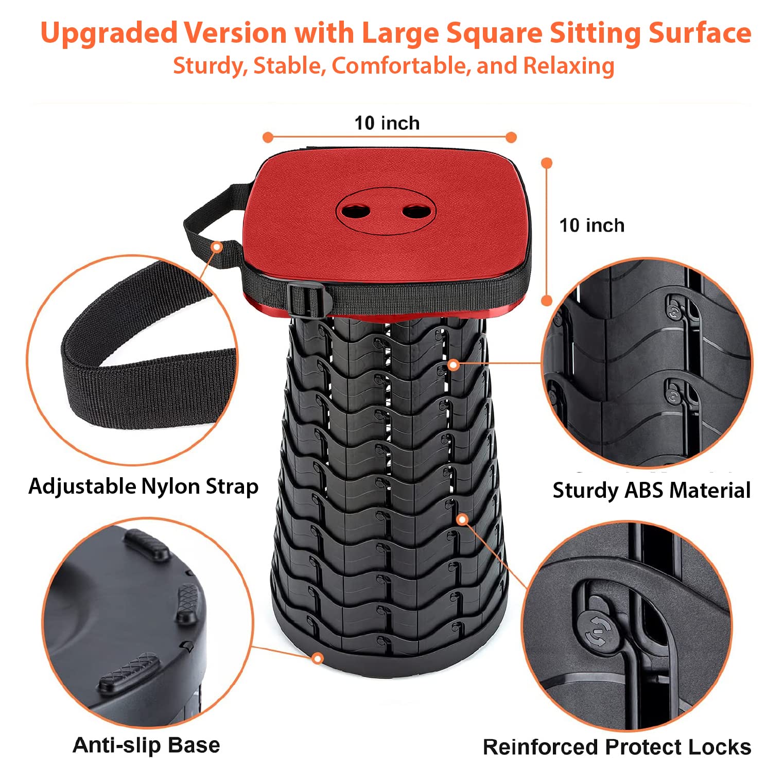 Outward Gear Portable Collapsible Stool Set - Heavy Duty Square Collapsible Stool + Thick Seat Cushion - 550lbs Load Capacity for Camping Travel Picnic Gardening (Red/Black)