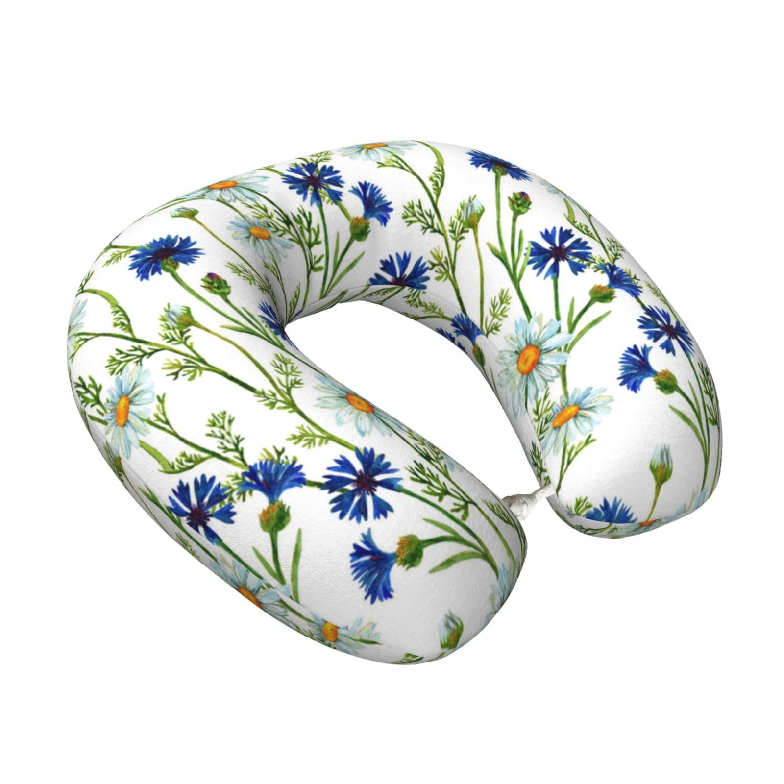 LKYMOH Watercolor Chamomiles Cornflowers, Travel Neck Pillow U-Shaped Memory Neck Support Soft Comfortable With Washable Cover For Airplane Car Traveling and Office