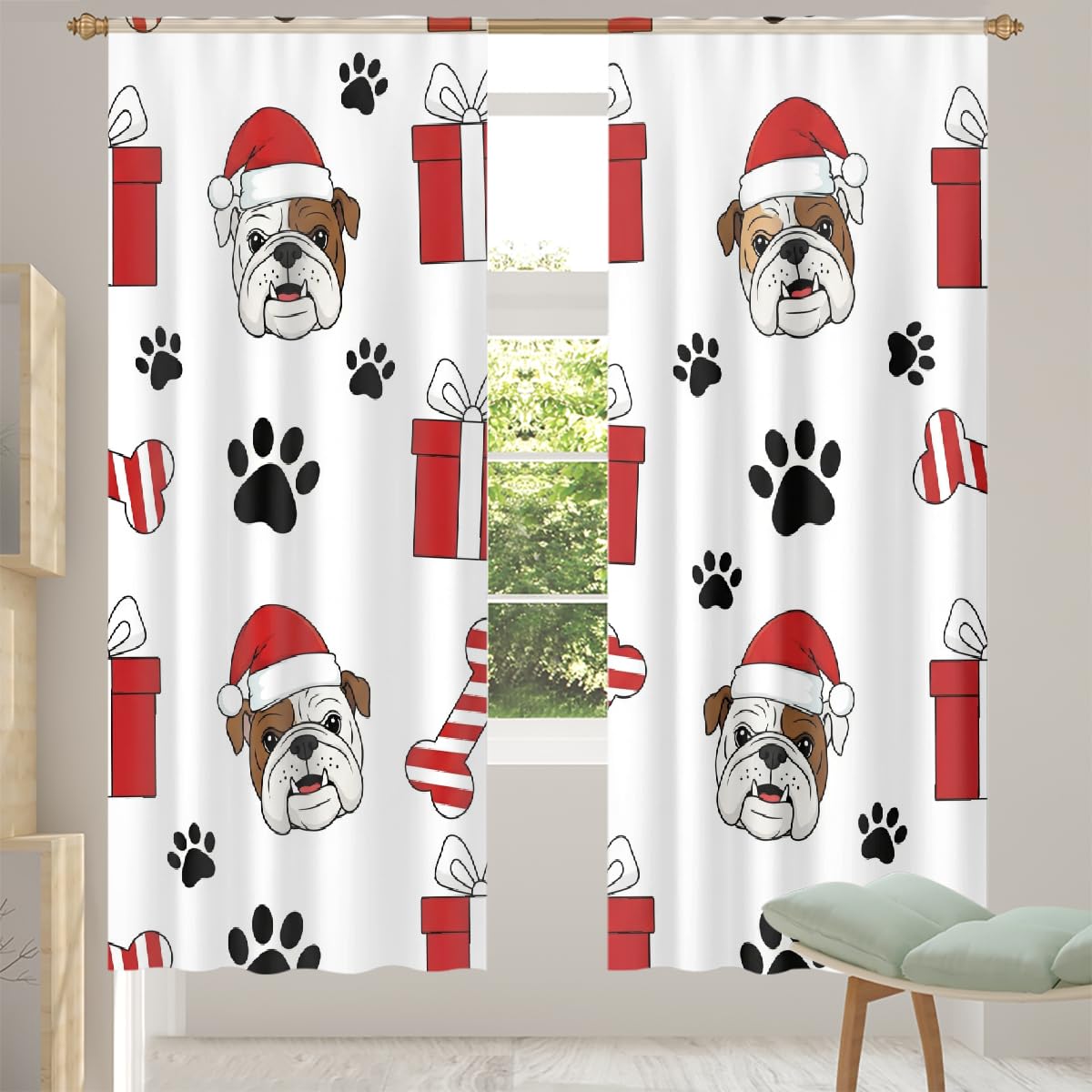 Rideaux bouledogue de Noël pour salon et chambre chaleureuse