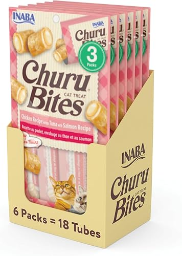 INABA Churu Bites - Golosinas para gatos envueltas en pollo horneado suave y masticable con centros sabrosos churu, 0.35 onzas cada tubo, 18 tubos