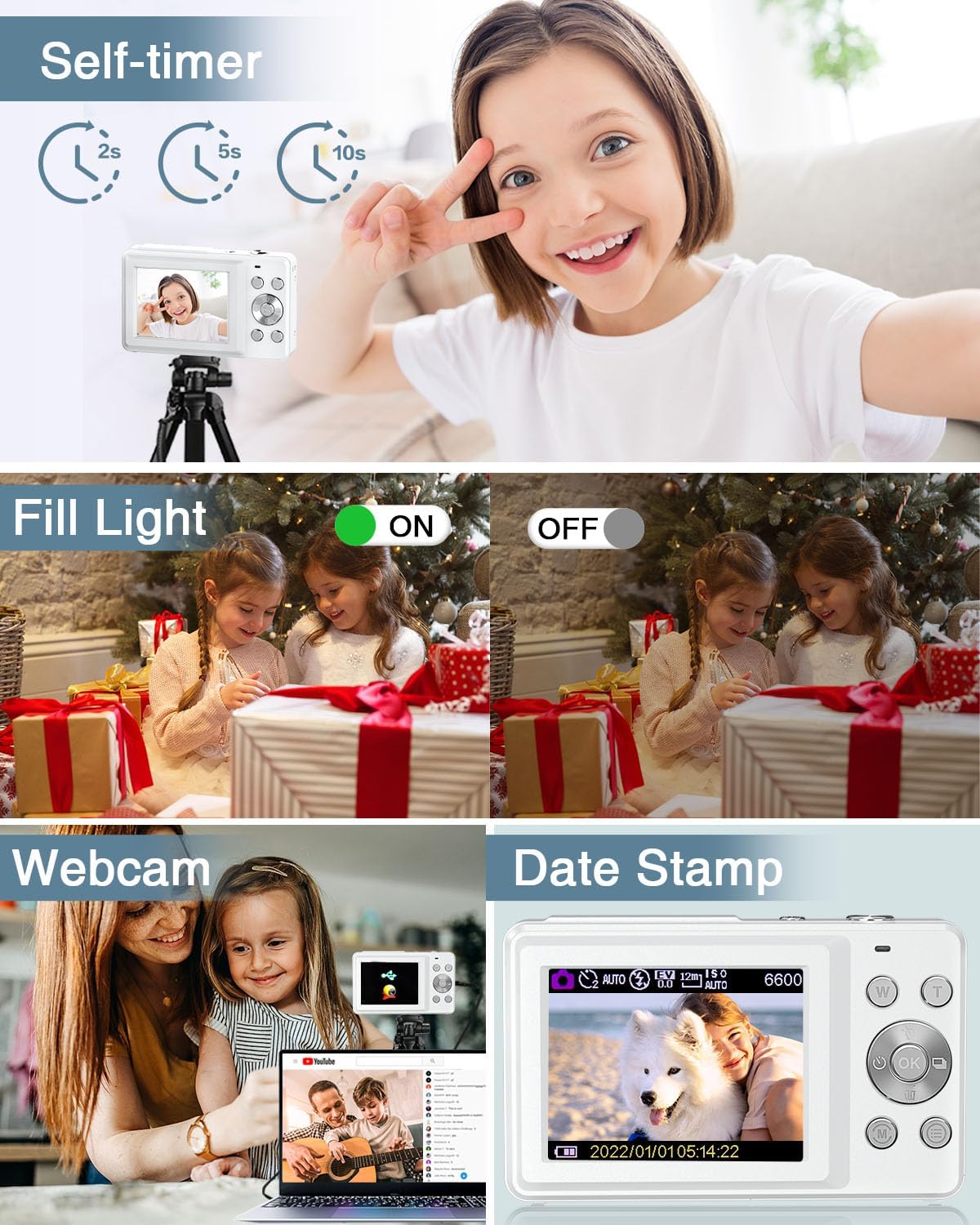 Digital Camera, Kids Camera FHD 1080P Point and Shoot Camera with 16X Zoom Anti Shake, Small Compact Camera for Teen Starter Children Kid Student Girl Boy(Pearl White) image 6 of 7 B0FDPHNFXN