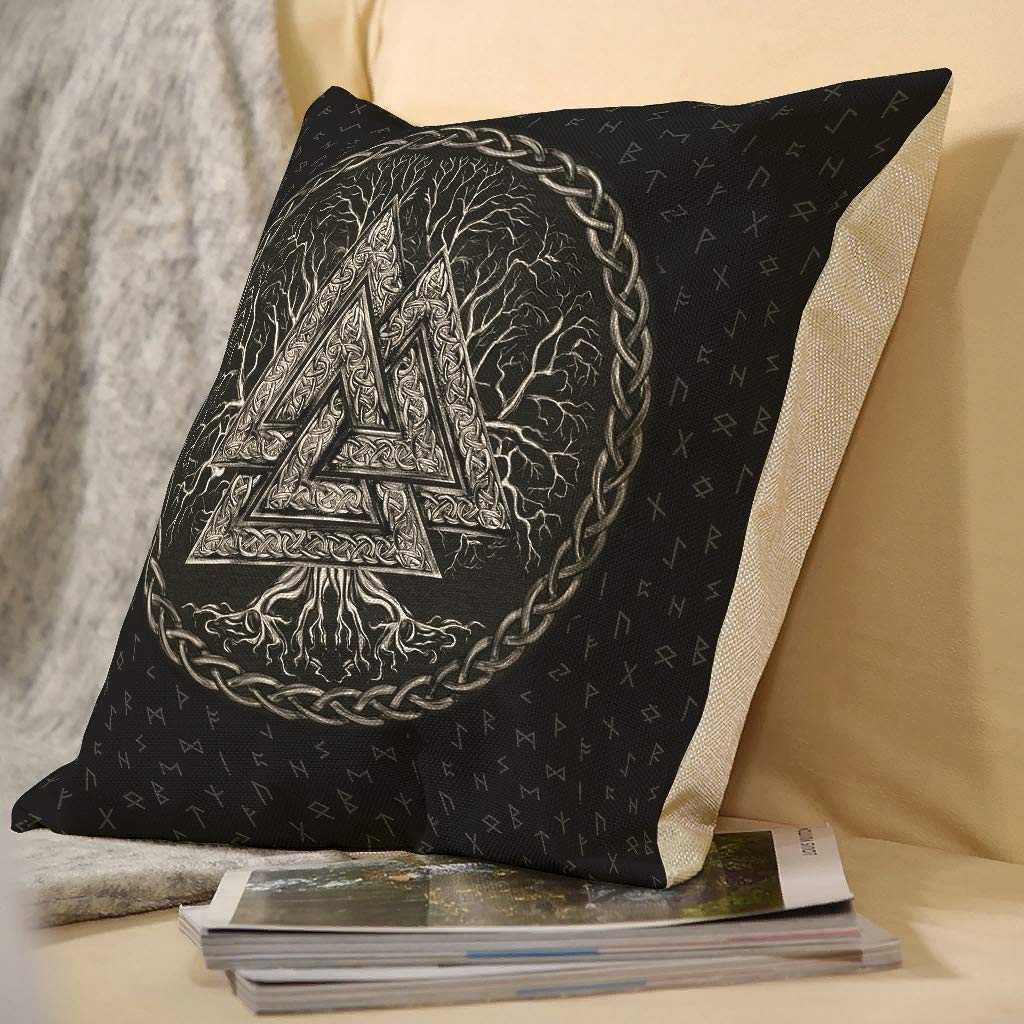 Wikinger Valknut Kissenbezug Aus Leinen – Bedruckt, 45x45 Cm, Mit Reißverschluss, Für Sofa & Bett (Kissen Nicht Inklusive)