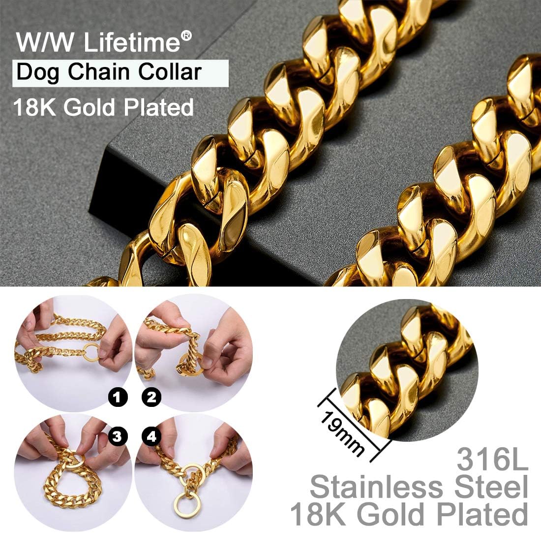 Dog Chain Collar Choke Collar Heavy Duty Chew Proof 19MM 14K Gold Plated Stainless Steel Dog Training Collar(19MM, 26")