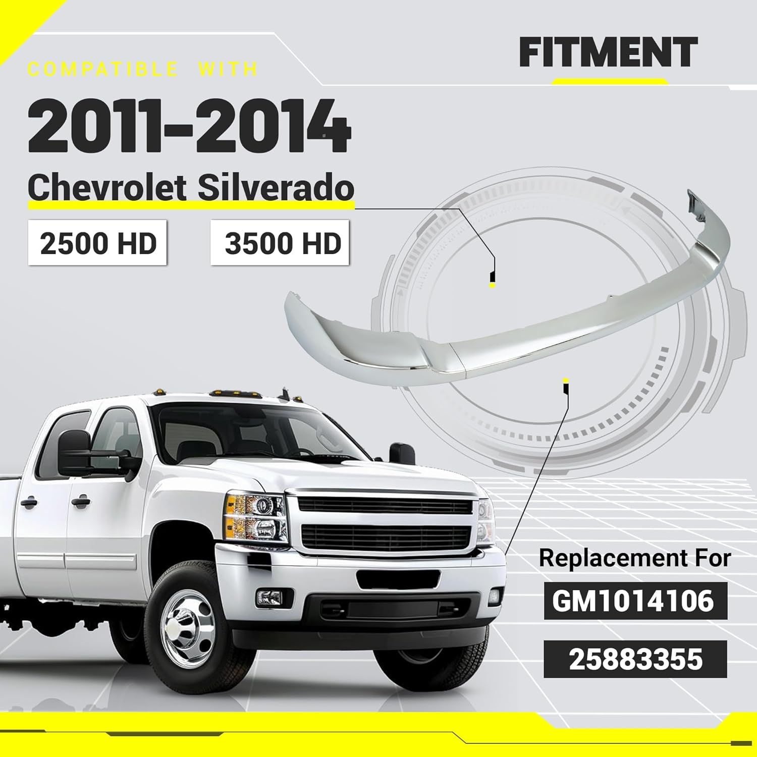 KUAFU Front Bumper Cover Upper Trim Cap Compatible with 2011-2014 Chevy Chevrolet Silverado 2500 3500 HD GM1014106, 25883355 ABS Plastic Chrome Replacement Only 3PCS-Silvery