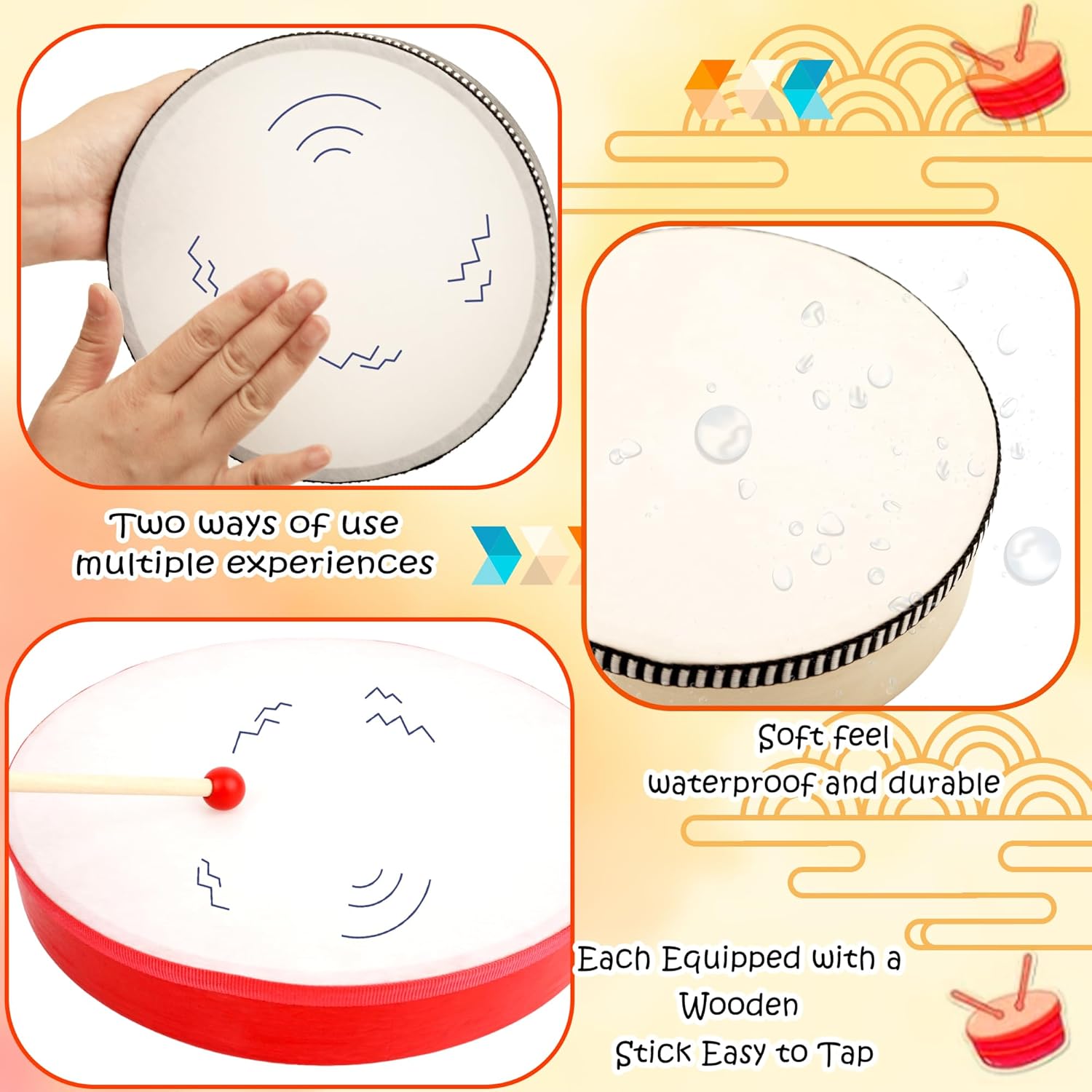 15 Set Hand Drums 12 Inch 10 Inch 8 Inch 6 Inch 4 Inch Wood Frame Drum Set with Drum Sticks Percussion Instruments for Kids Adults Beginners Home School Party Gifts, 5 Size 3 Colors