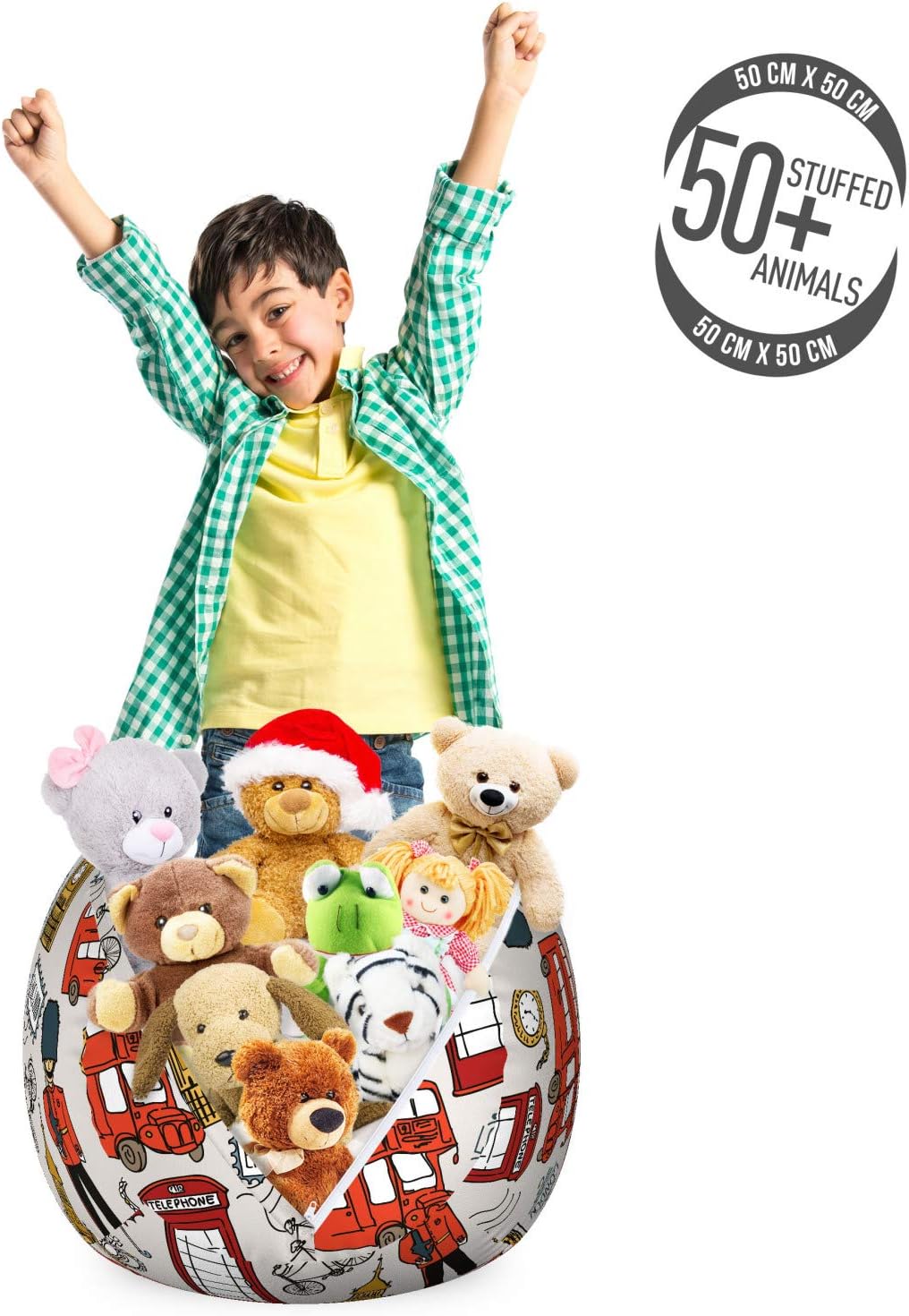 Ambesonne London Storage Toy Bag Chair, Doodle English Crown London Cab Telephone Booth Watch Big Ben Umbrella Bicycle, Stuffed Animal Organizer Washable Bag, Small Size, Grey Red