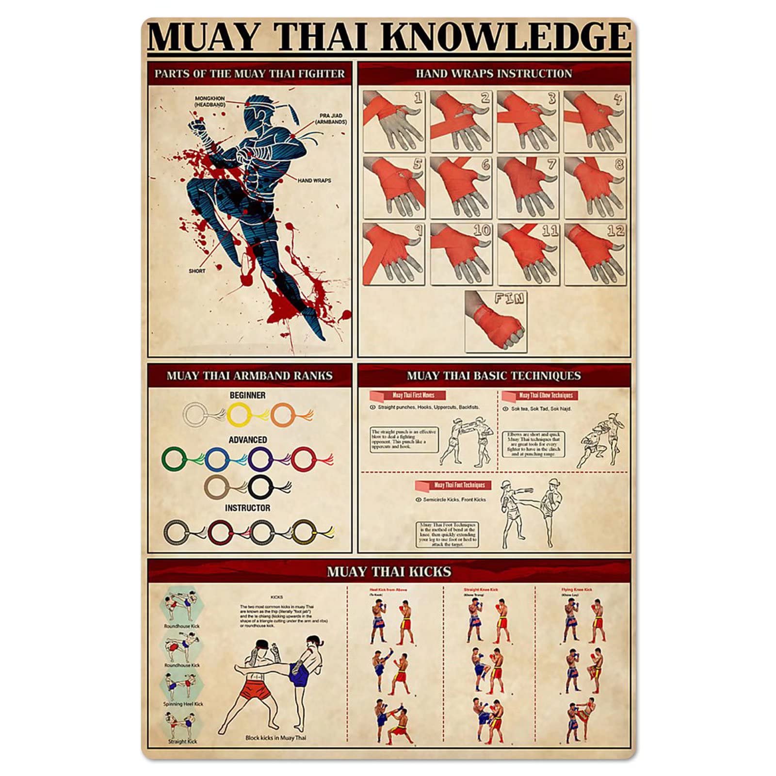 rayprint Muay Thai Knowledge Metal Signs Vintage Boxing Gym Collection Plaques Muay Thai Infographics Tin Posters Boxer Room Wall Decor 8x12 Inches