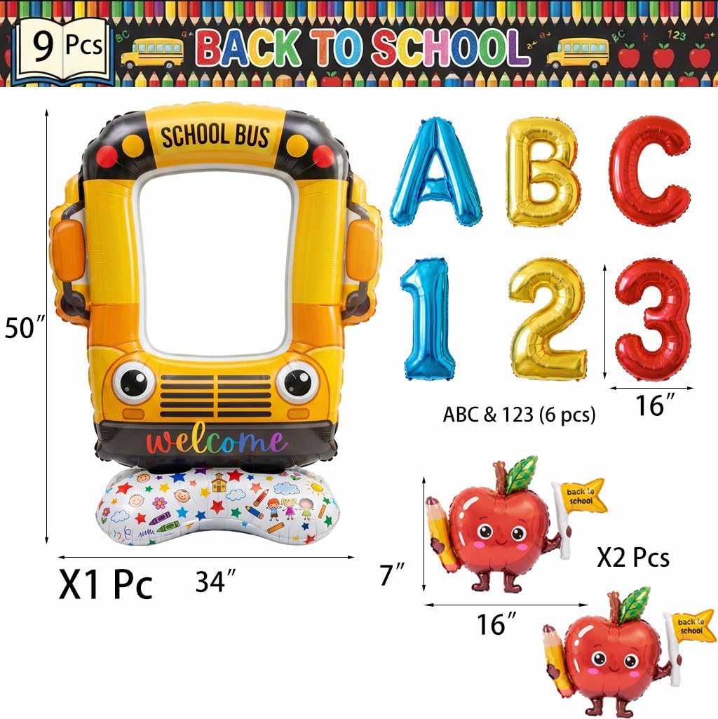 9Pcs Back to School Balloons First Day Photo Booth Props Decorations | Giant Self Standing Foil Inflatable School Bus Party Frame Backdrop, ABC 123 Apple Kindergarten Classroom Teacher Supplies