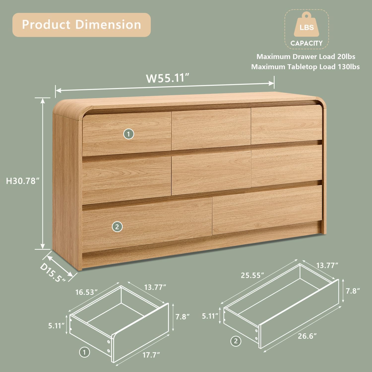 Modern 8 Drawers Dresser for Bedroom, 55" Wide Dressers & Chest of Drawers w/Curved Profile Design, Wood Mid Century Storage Dressers Organizer for Bedroom, Living Room, Natural Oak Natural 15.5"D x 55.1"W x 30.7"H
