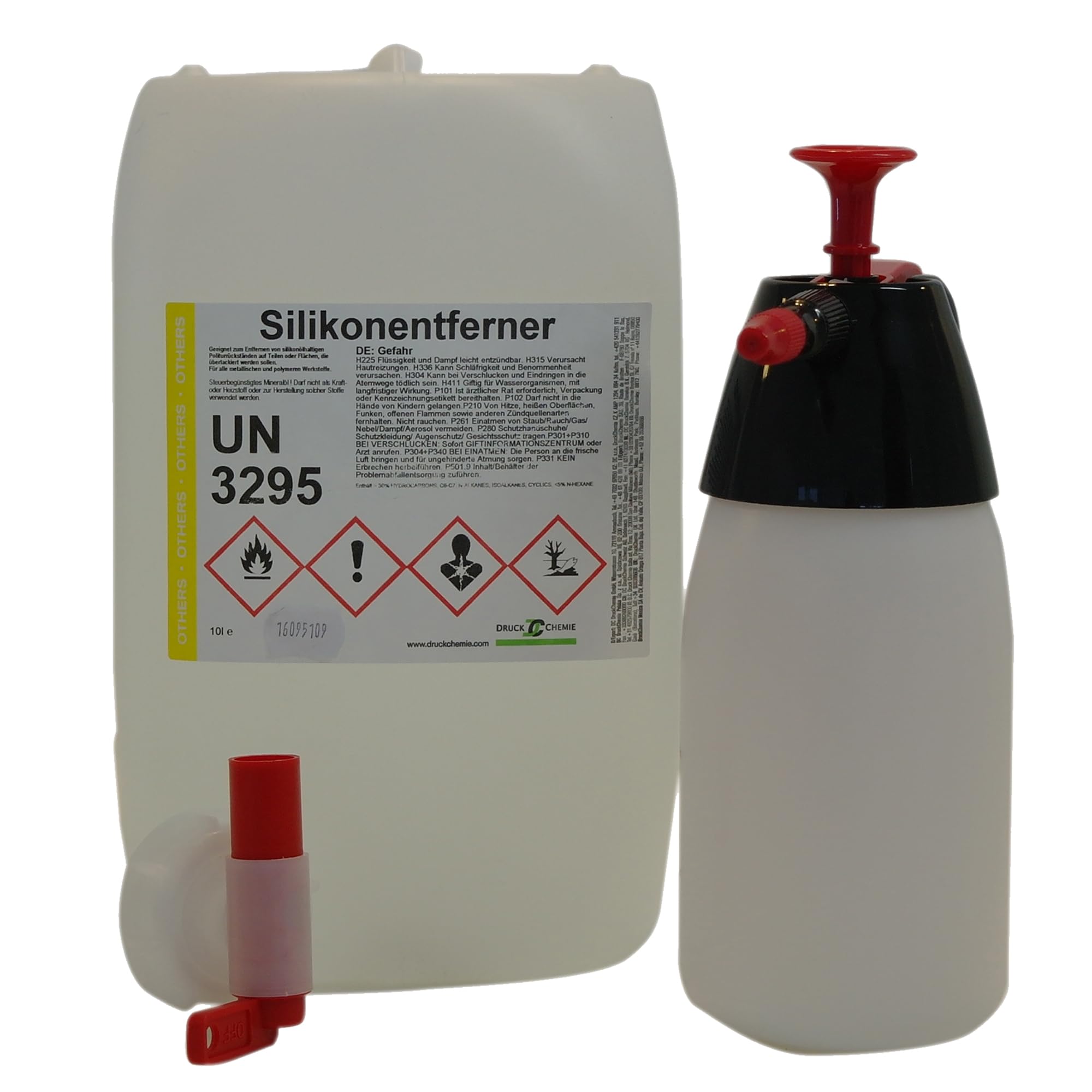 DC DruckChemie GmbH Silikonentferner flüssig 20L mit Drucksprüher schwarz & Auslaufhahn - Silikonentferner Spray zum Entfernen von Silikon und MS-Polymer