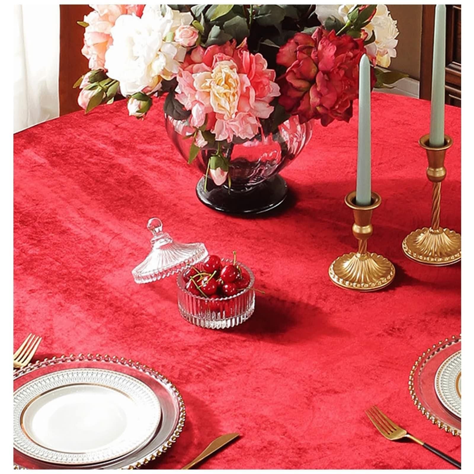 Tischtuch Rund 160 cm, Tischdecke Abwaschbar Polyester 2-4 Personen Einfarbiges Rot mit Quasten Tischdecke für Couchtisch