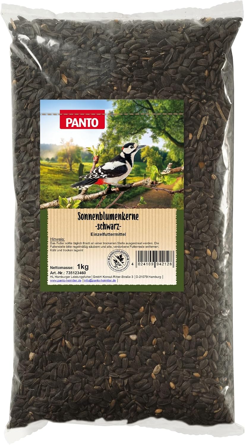 PANTO Sunflower Seeds Black 1 kg - Wild Bird Food Made from Pure Sunflower Seeds Year-Round Bird Food for Feeders & Bird Feeders