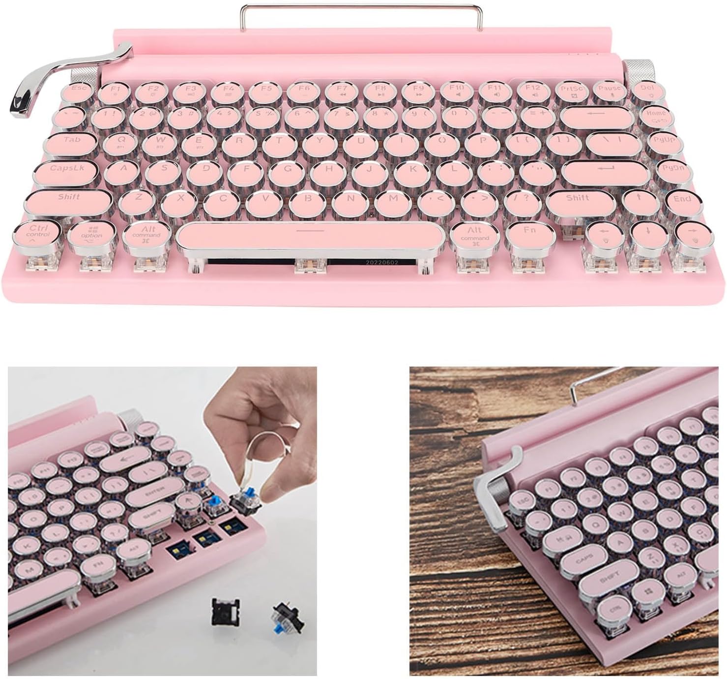 Retro Pink Mechanical Gaming Keyboard, 104 Keys, Blue Switch, Bluetooth 5.0, Compact, 2000mAh Battery