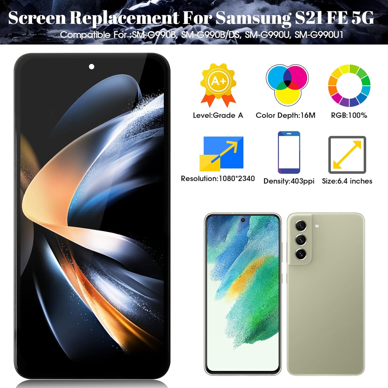 SRJTEK Incell for Samsung Galaxy S21 FE 5G LCD Screen for Samsung Galaxy S21 FE 5G SM-G990 Display Touch Digitizer Assembly Repair Parts Kits with Frame(Black)