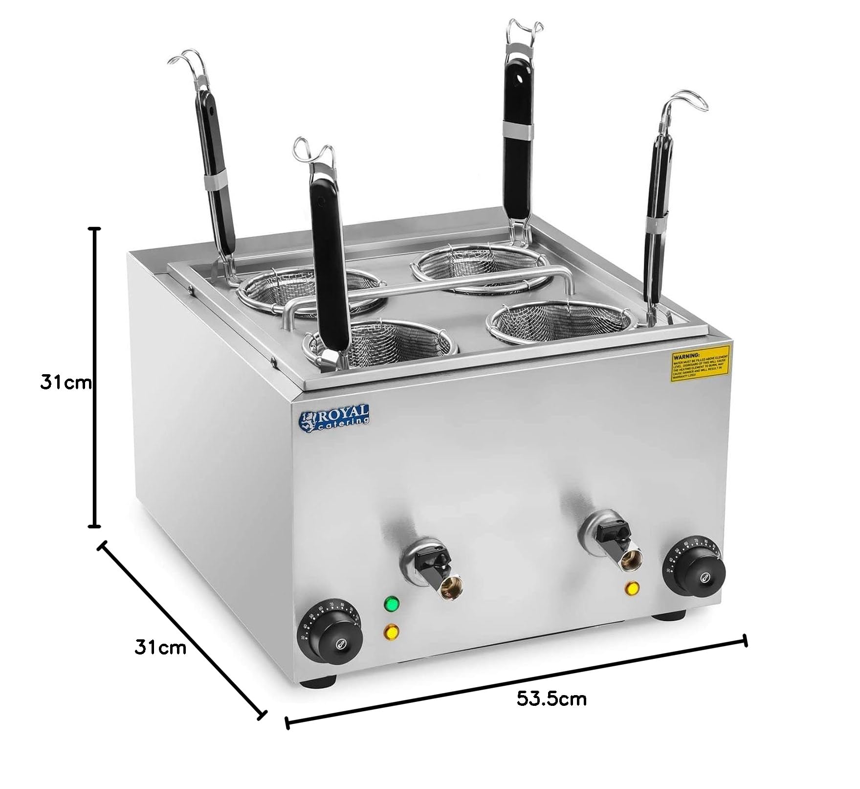 Royal Catering RCNK-4 Cuocipasta Elettrico (4 L, 4 Cestelli, 2 x 1500 W, 230 V, Rubinetto di Scarico, Acciaio Inox)
