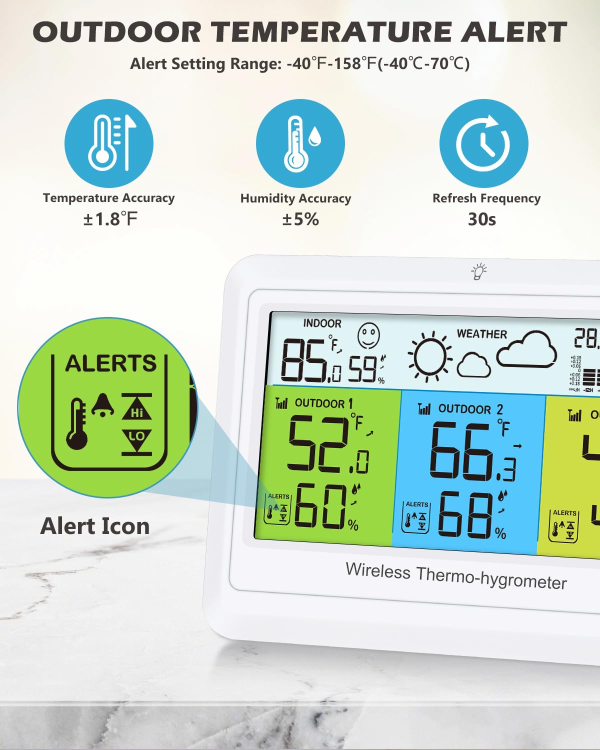 Wetterstation Kabellos Innen Außen mit 3 Sensoren, Home Wetterstationen Digital Thermometer Luftfeuchtigkeit mit Alarm, Barometer Druck, Hintergrundbeleuchtung, Vorhersagestation, für Home