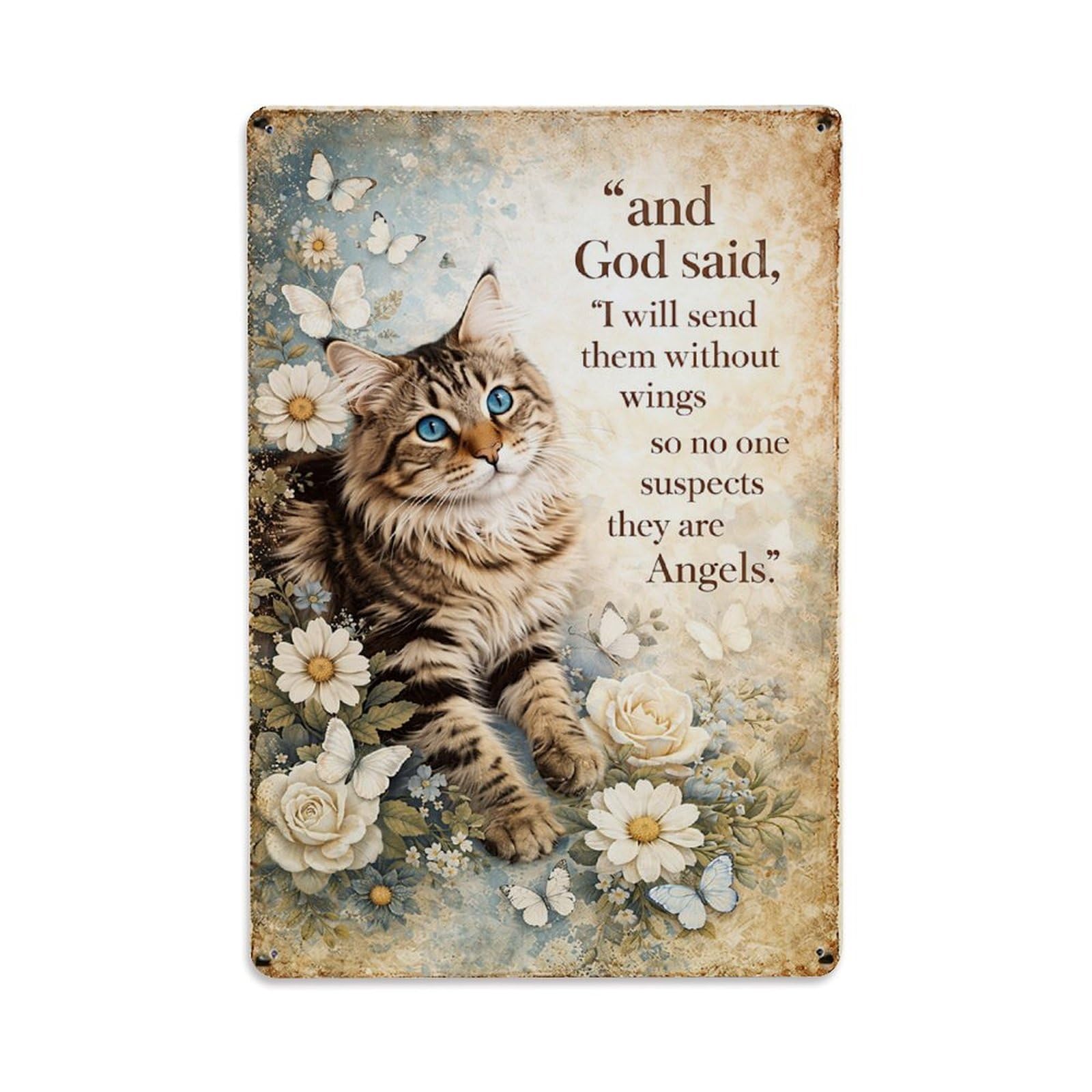 Nestemfo Vintage Cat With Flowers And Butterflies Tin Sign Metal Sign, Living Room,Bar, Home, Bedroom Wall Decor,Retro Metal Poster 8X12 Inches