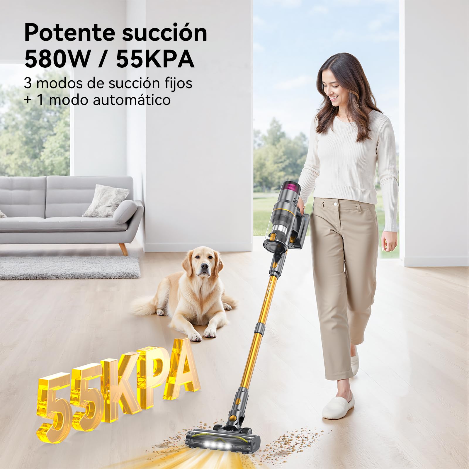 Aspiradora sin Cable 55KPA/580W/75Mins, Escoba Aspirador sin Cable Potente con Pantalla Táctil LED, Aspirador Vertical con 6 Etapas de Filtración y Autocargable para Hogar y Mascotas