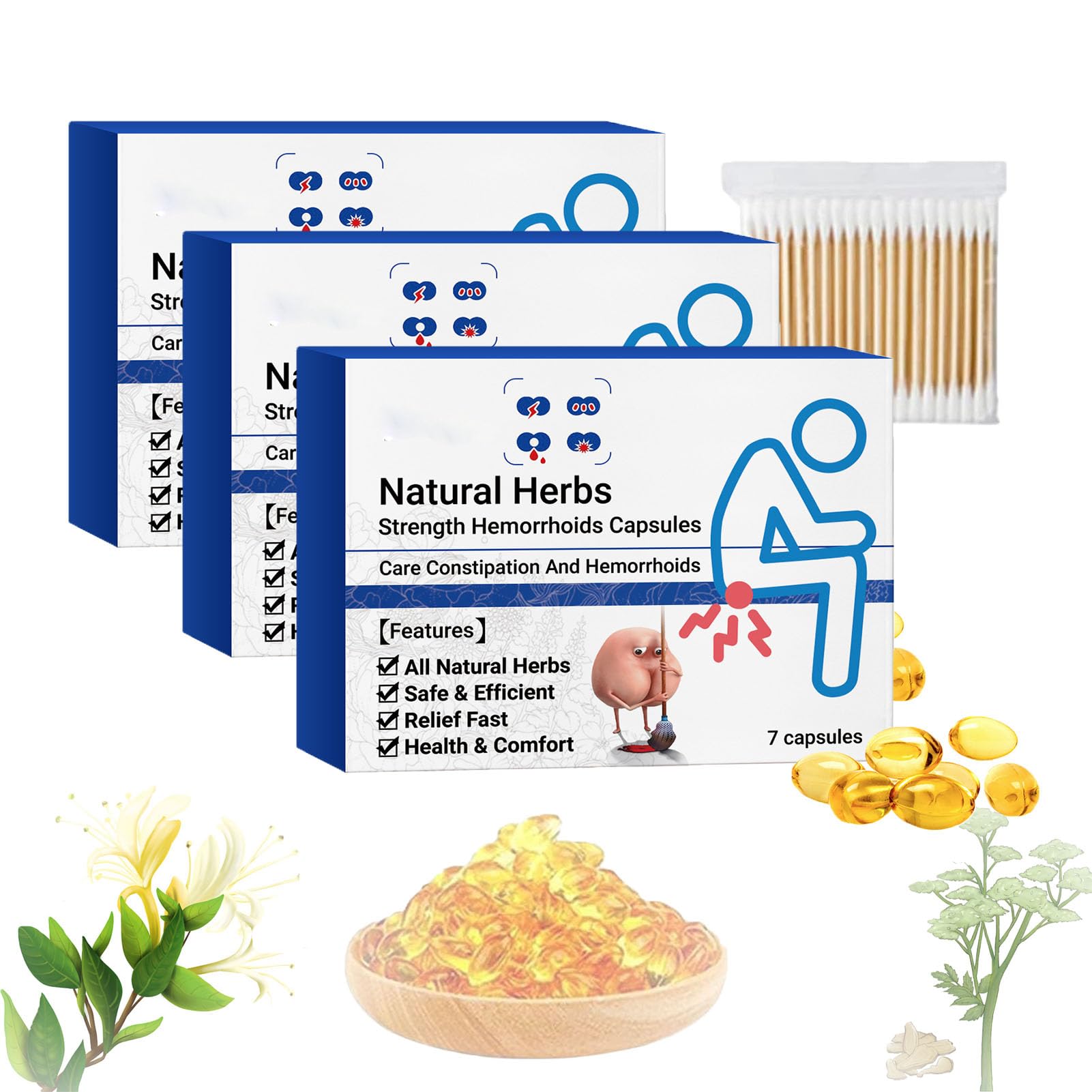 Heca Natural Herbal Strength Hemorrhoid Capsules, Natural Hemorrhoid Relief Capsules, Hemorrhoid Capsules 7pc/Box (3PCS)