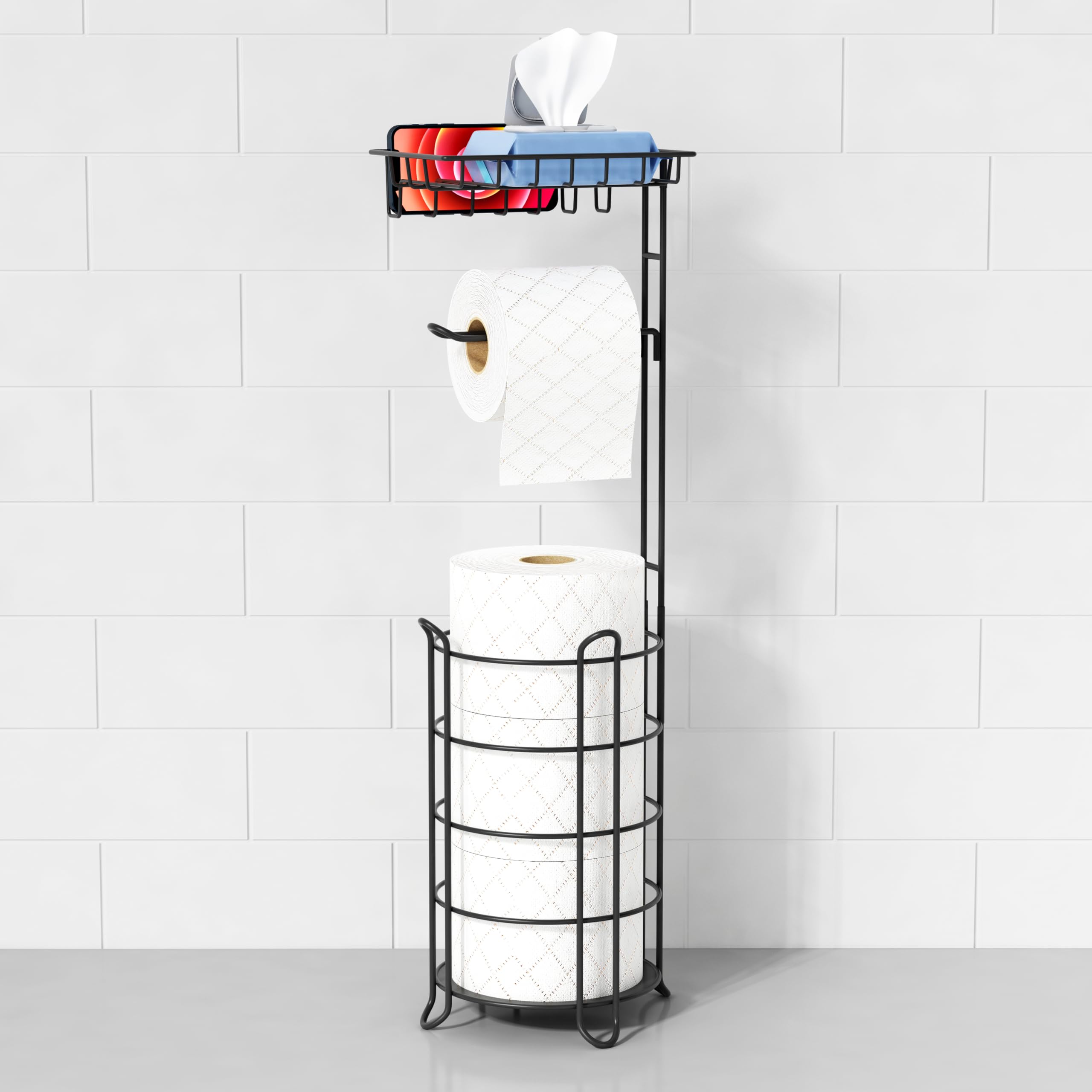 Matte Black Free Standing Toilet Paper Holder Stand with Shelf, Freestanding Bathroom Tissue Dispenser with Wipes Storage, Floor Toilet Paper Holder with Phone Tray for Large Mega Rolls