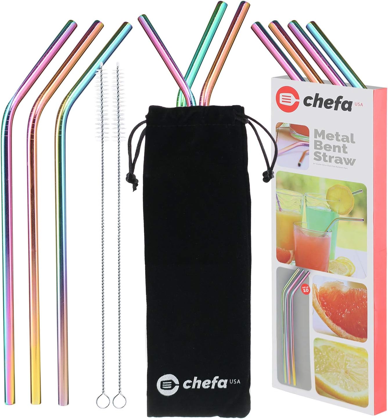 Set of 10 - Stainless Steel Straws, Eco Friendly Metal Straw, Non Disposable Straws, Reusable for Tumbler Yeti or Ozark, With 2 Cleaning Brushes - And Cary Bag, Rainbow