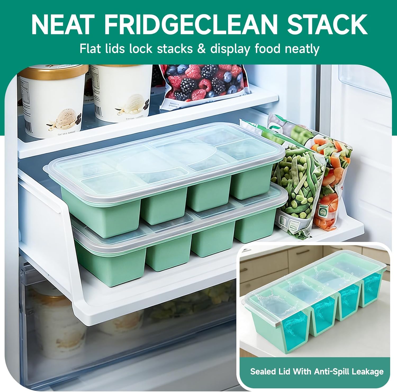 Tvmania 2-Pack Silicone Freezer Tray with Lid - 1 Cup / 4 Compartment Soup Freezer Container for Broth, Sauce & Meal Prep - Large Ice Cube Tray for Whiskey - Stackable, Easy Release, Oven Safe