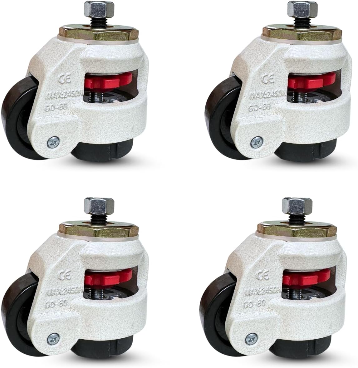 TP-60F - Retractable Leveling Machine Plate Casters w/ 2" Wheel - 4 Pack - 2,400 lbs Per Set + Hardware (Stem Leveling Sets, W/ 12MM Threaded Stem & Nuts)