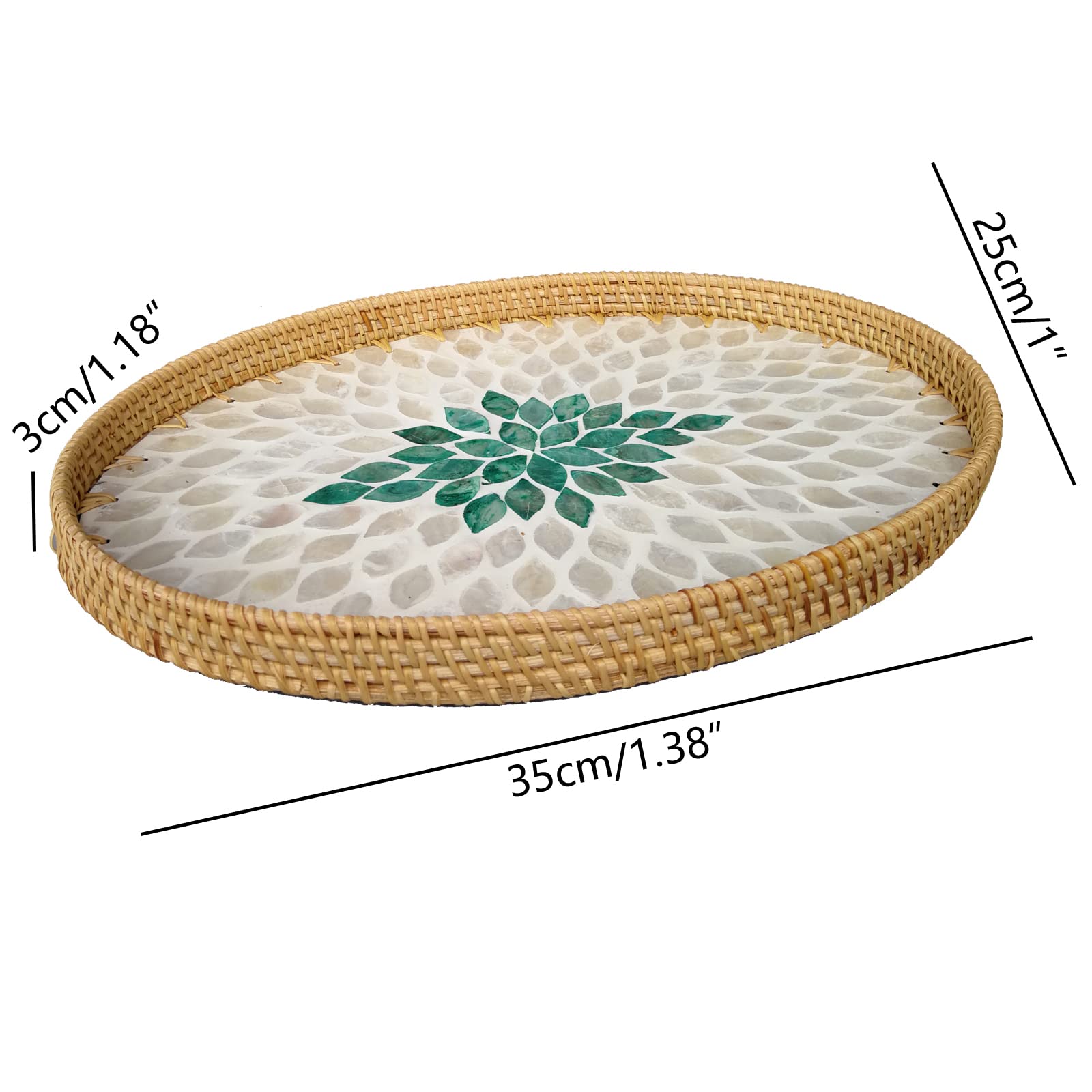 I-lan 14 Inch Oval Rattan Woven Basket Tray with Beige Green MOP Wooden Base, Boho Wicker Coffee Table Serving Basket Décor with 1.2 Inch Wall, Handmade Display Basket for Countertop, M